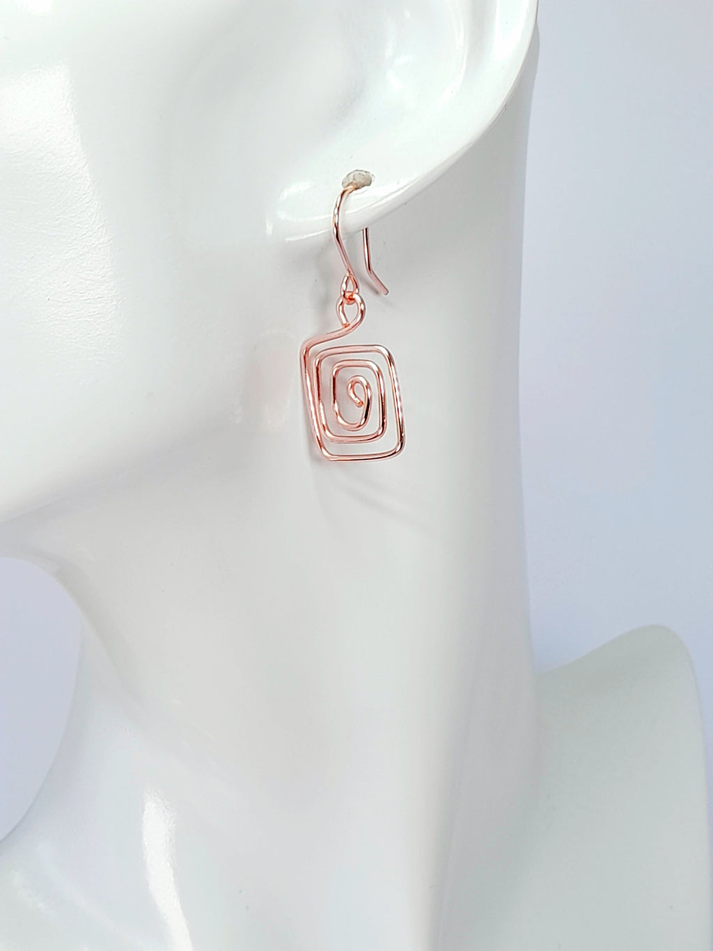 Handmade Rose Gold Spiral Square Earrings, Dainty Lightweight Geometric Drops