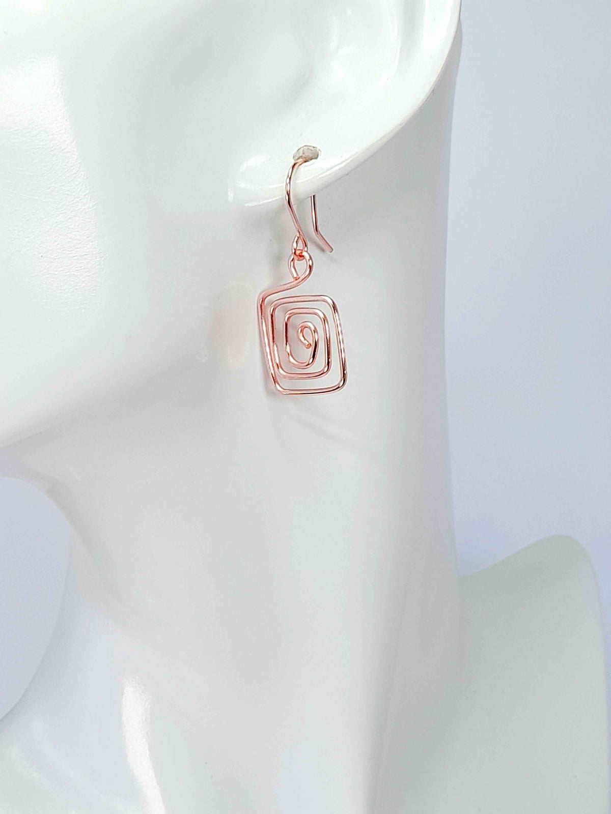 Handmade Rose Gold Spiral Square Earrings, Dainty Lightweight Geometric Drops