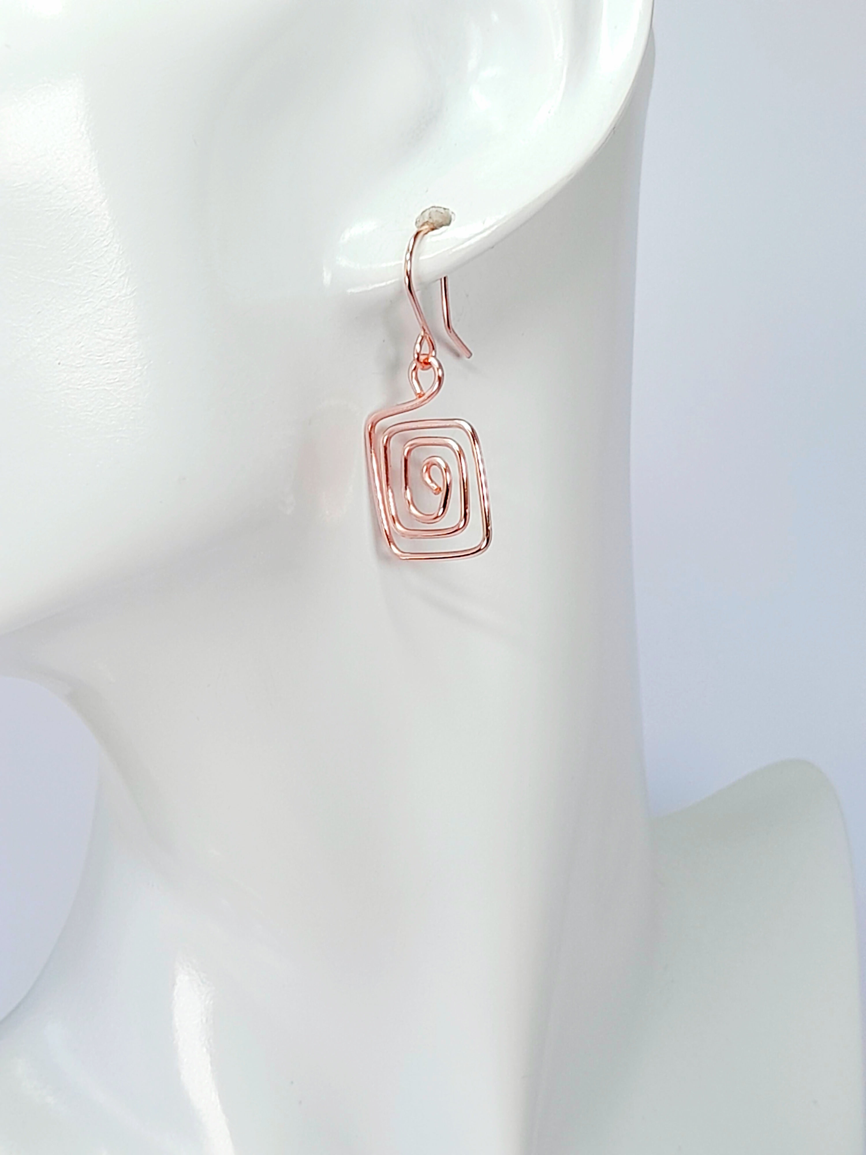 Handmade Rose Gold Spiral Square Earrings, Dainty Lightweight Geometric Drops
