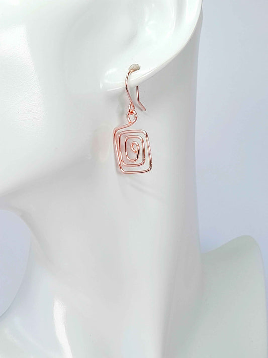 Handmade Rose Gold Spiral Square Earrings, Dainty Lightweight Geometric Drops