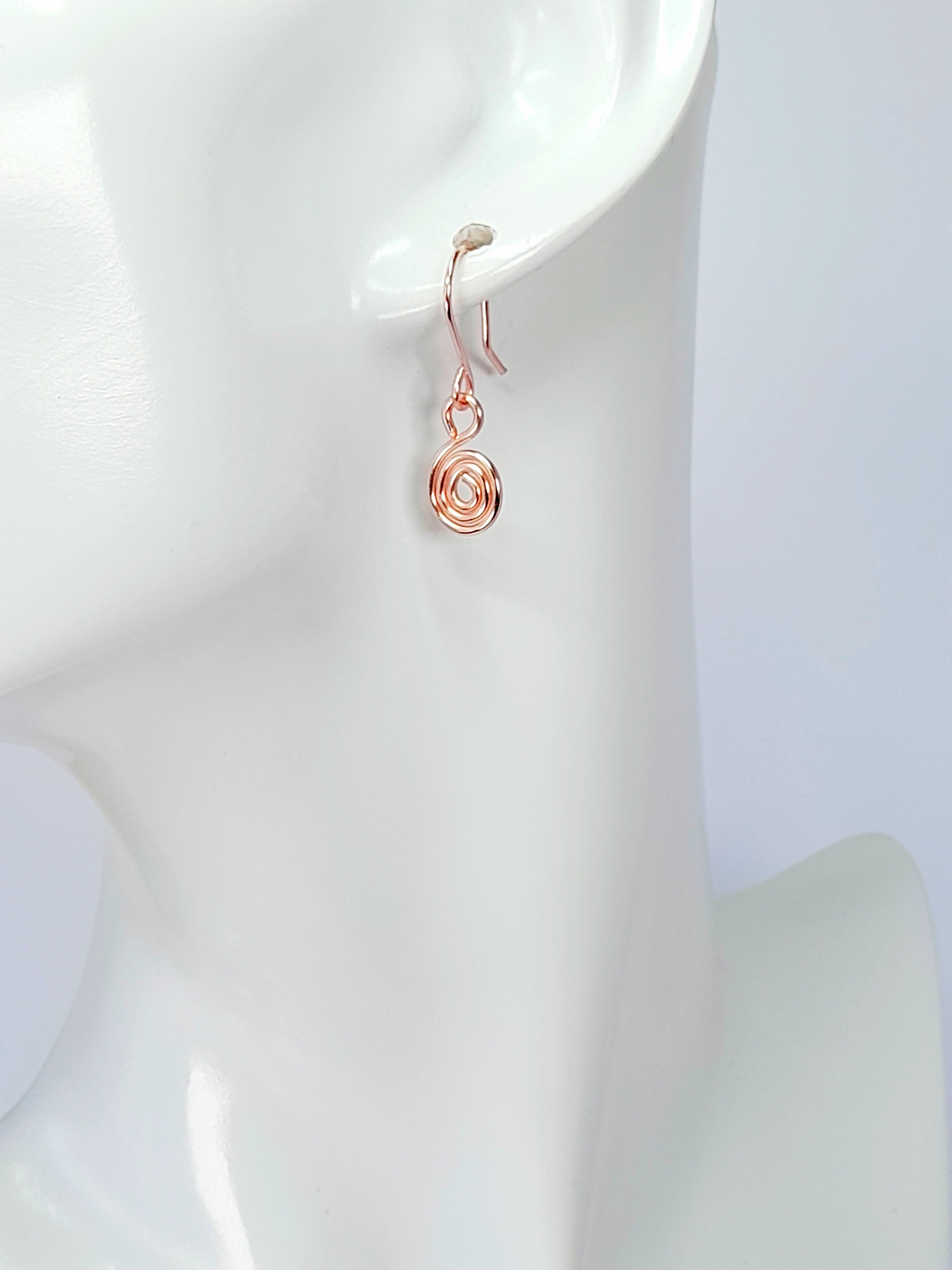 Tiny Rose Gold Spiral Earrings, Handmade Dainty Lightweight Swirl Drops