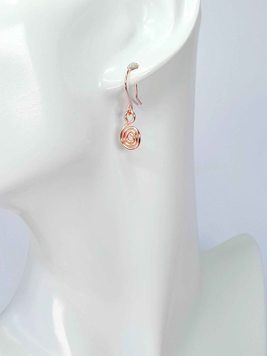 Tiny Rose Gold Spiral Earrings, Handmade Dainty Lightweight Swirl Drops