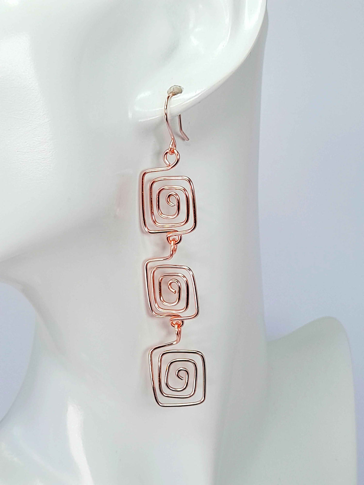 Handmade Rose Gold‑Plated Square Spiral Earrings, Large Geometric Statement Dangle Jewellery