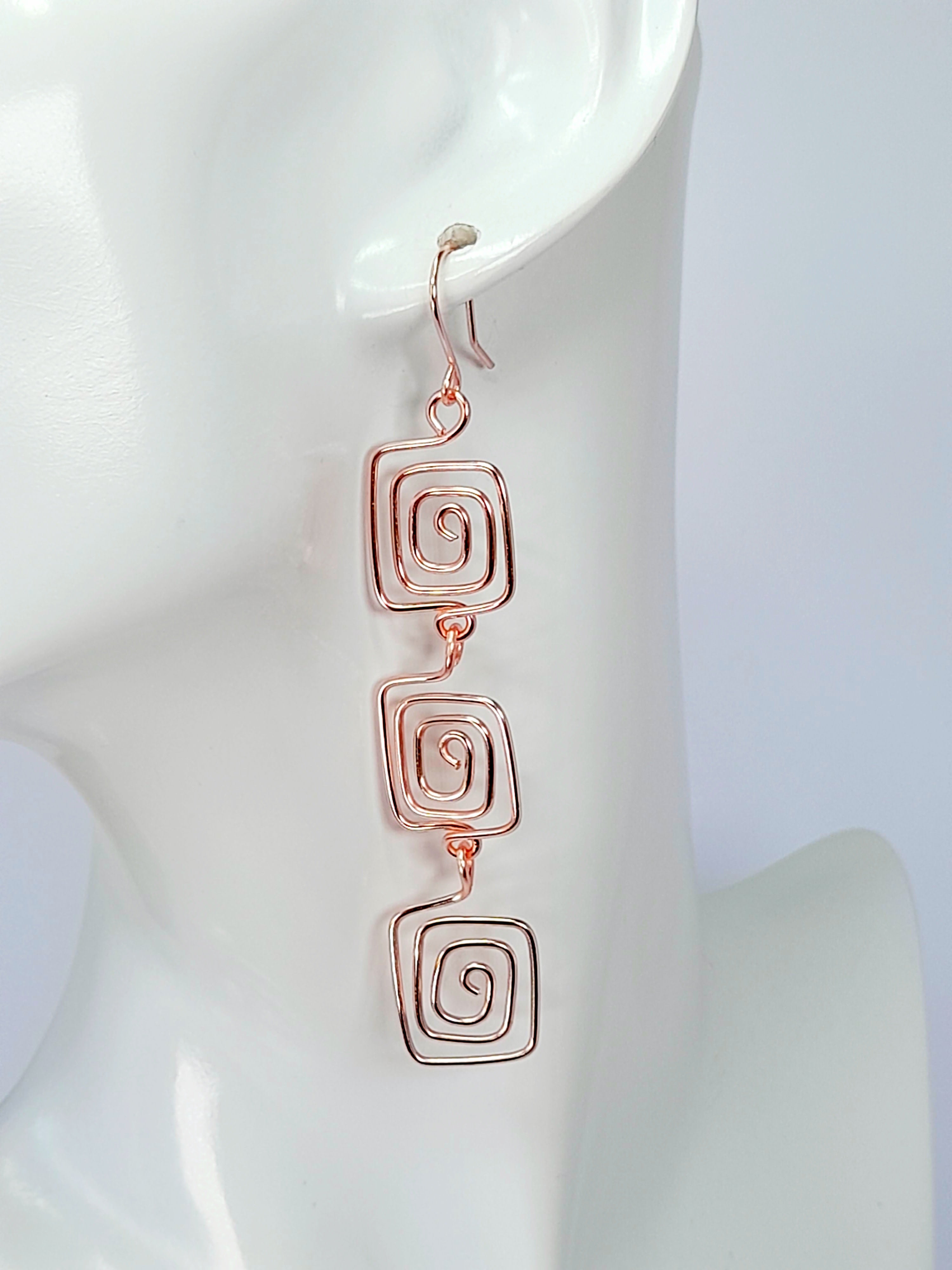 Handmade Rose Gold‑Plated Square Spiral Earrings, Large Geometric Statement Dangle Jewellery