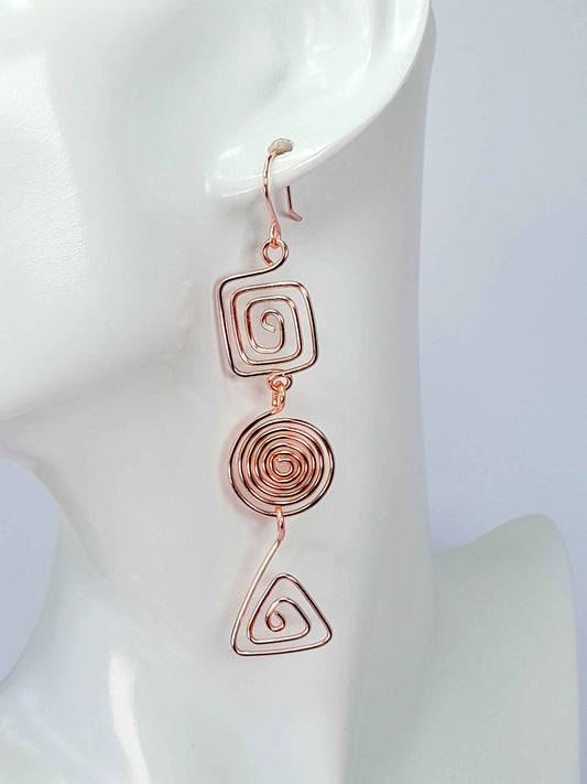 Geometric Rose Gold Spiral Earrings, Handmade Lightweight Statement Dangles