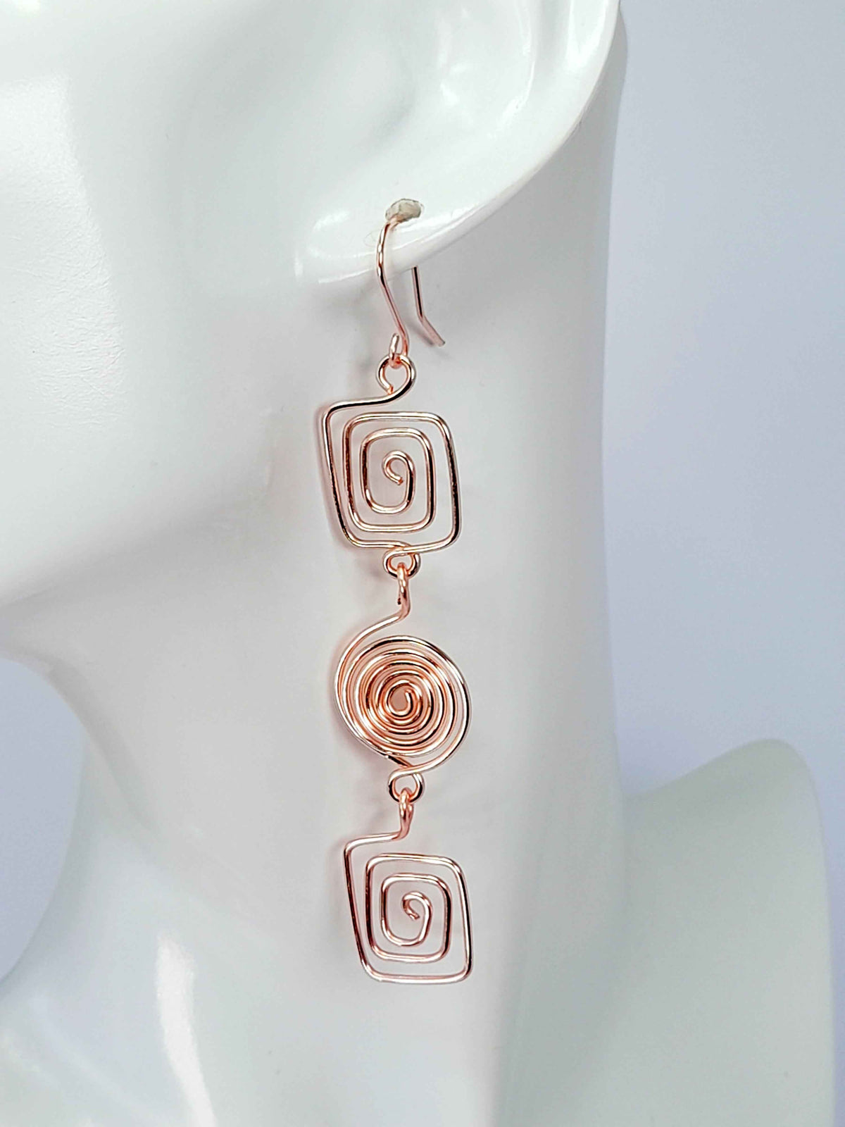 Long Geometric Spiral Rose Gold Drop Earrings, Handmade Gold‑Plated Statement Jewellery