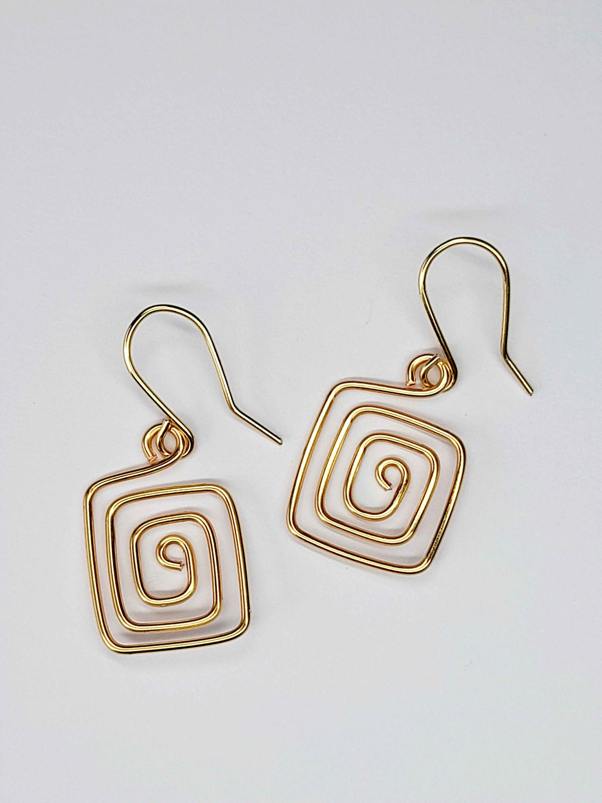 Handmade Gold Spiral Square Earrings, Dainty Lightweight Geometric Drops