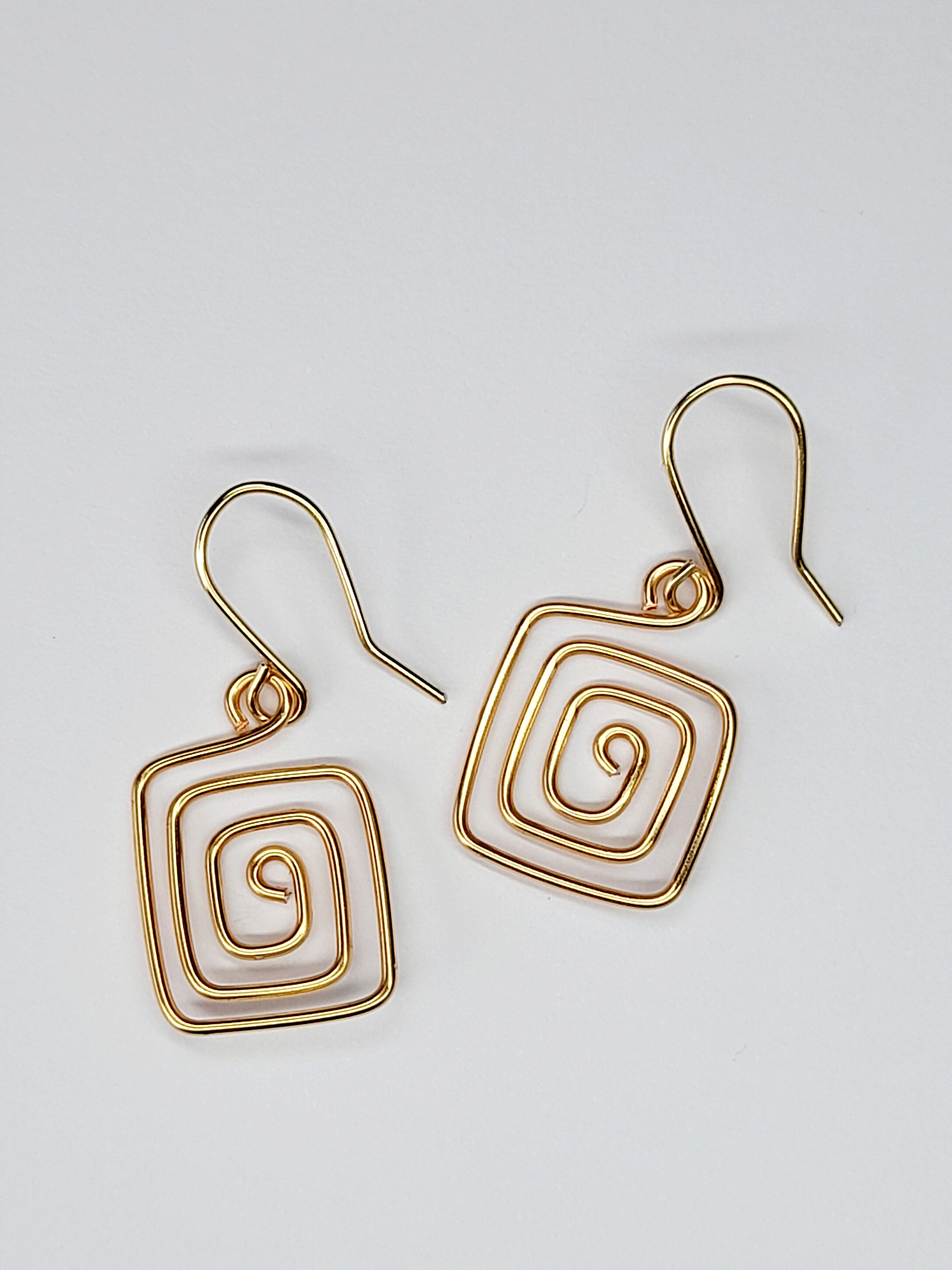 Handmade Gold Spiral Square Earrings, Dainty Lightweight Geometric Drops