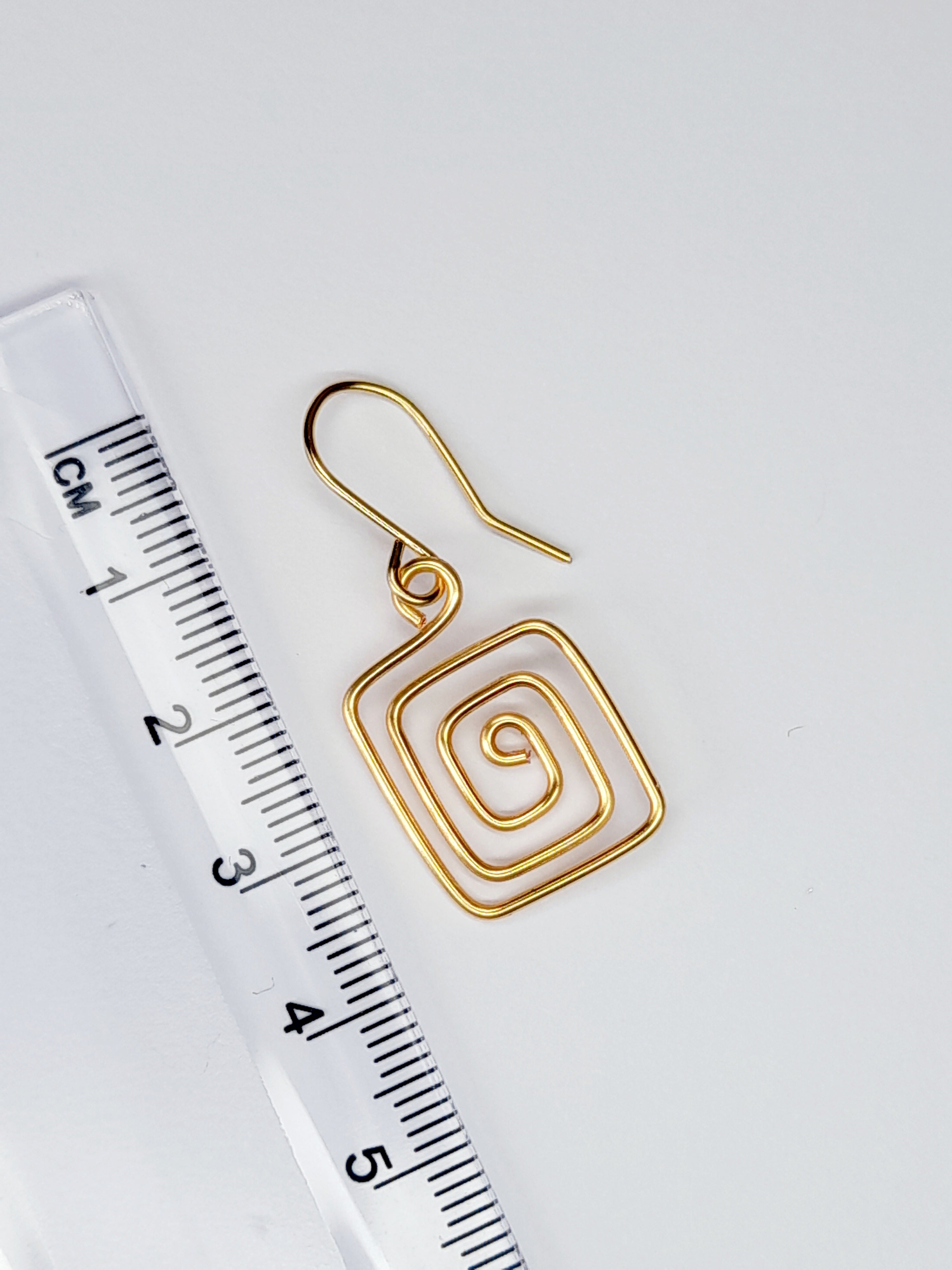 Handmade Gold Spiral Square Earrings, Dainty Lightweight Geometric Drops