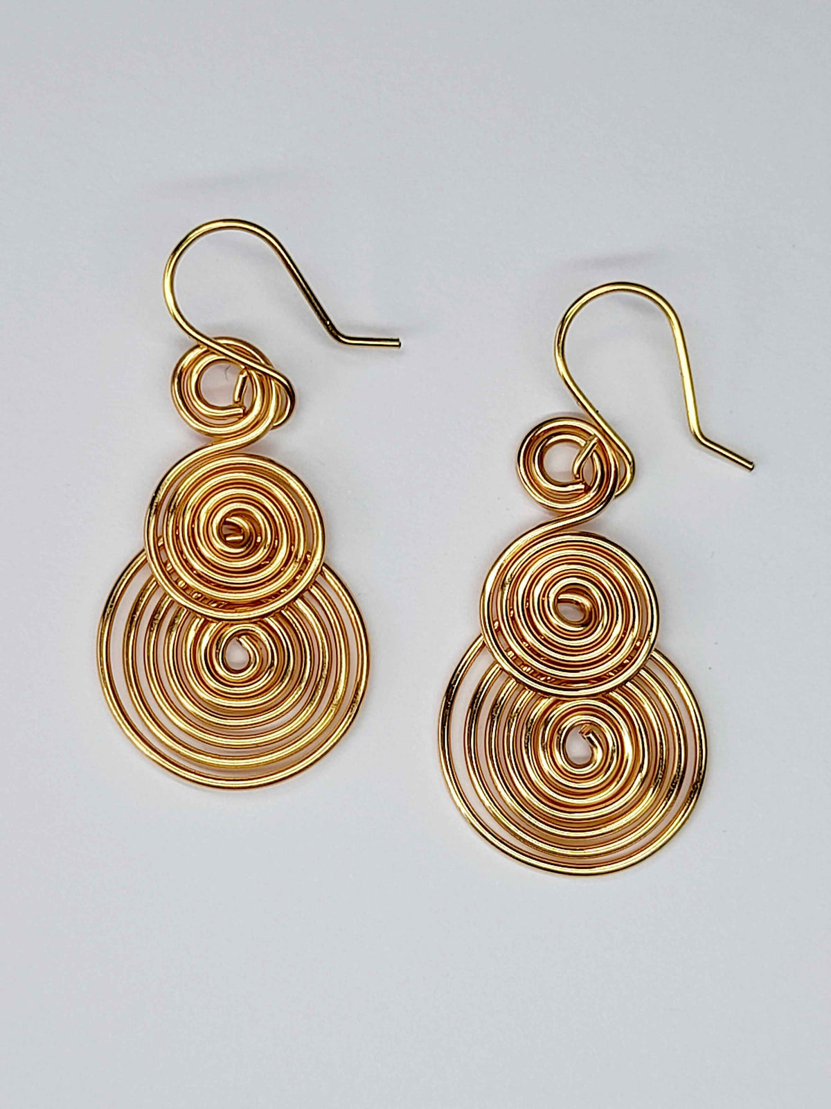 Handmade Gold Triple‑Spiral Earrings, Lightweight Non‑Tarnish Swirl Drops