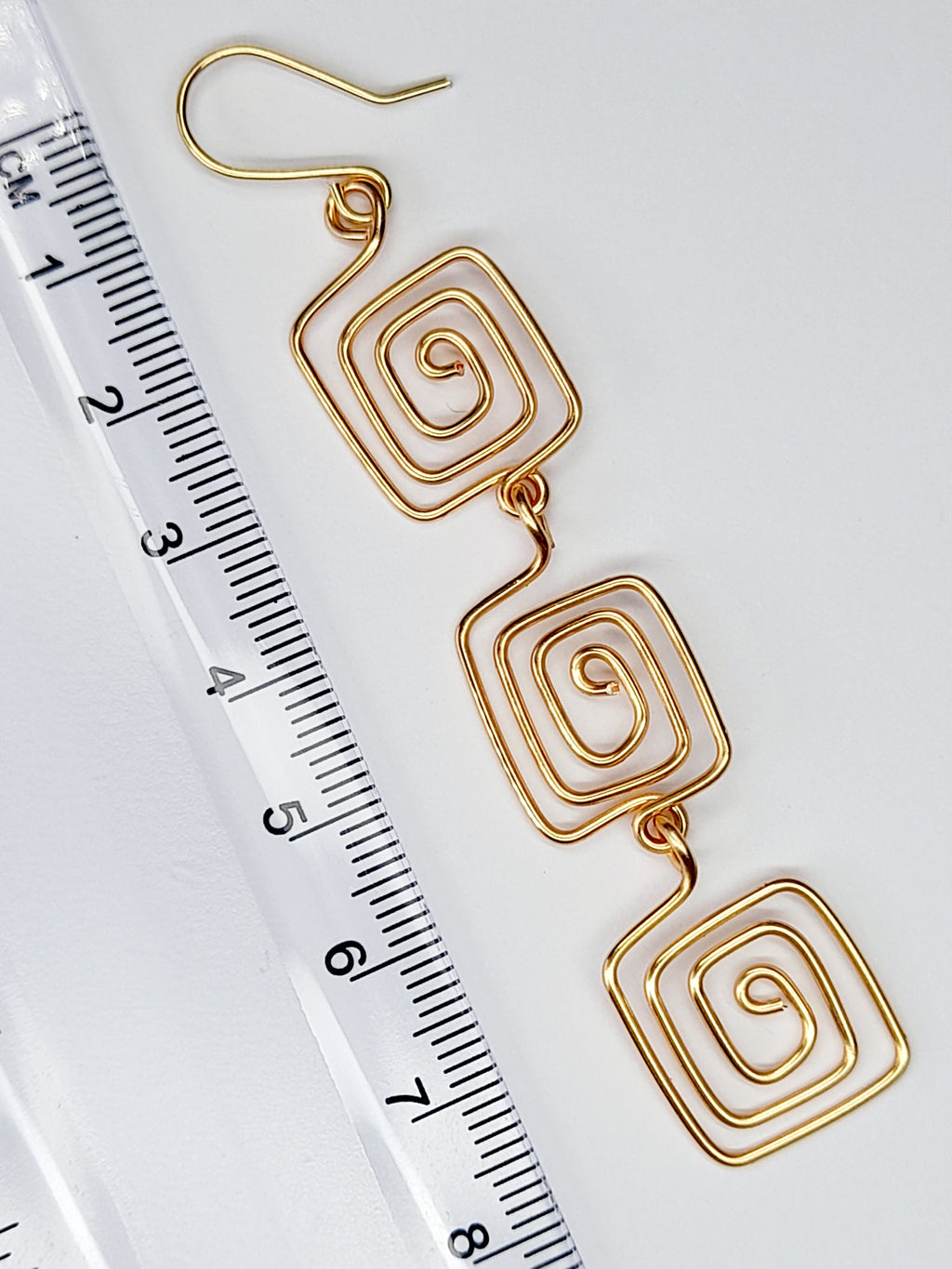 Handmade Gold‑Plated Square Spiral Earrings, Large Geometric Statement Dangle Jewellery