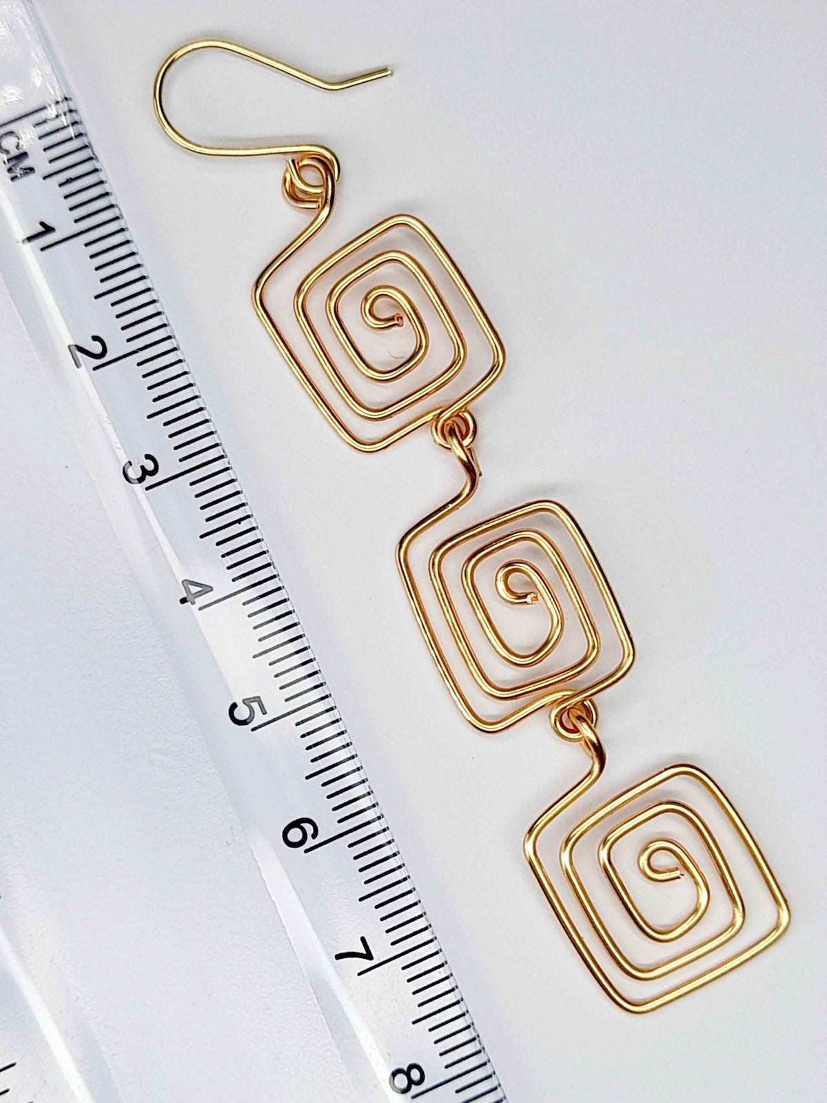 Handmade Gold‑Plated Square Spiral Earrings, Large Geometric Statement Dangle Jewellery