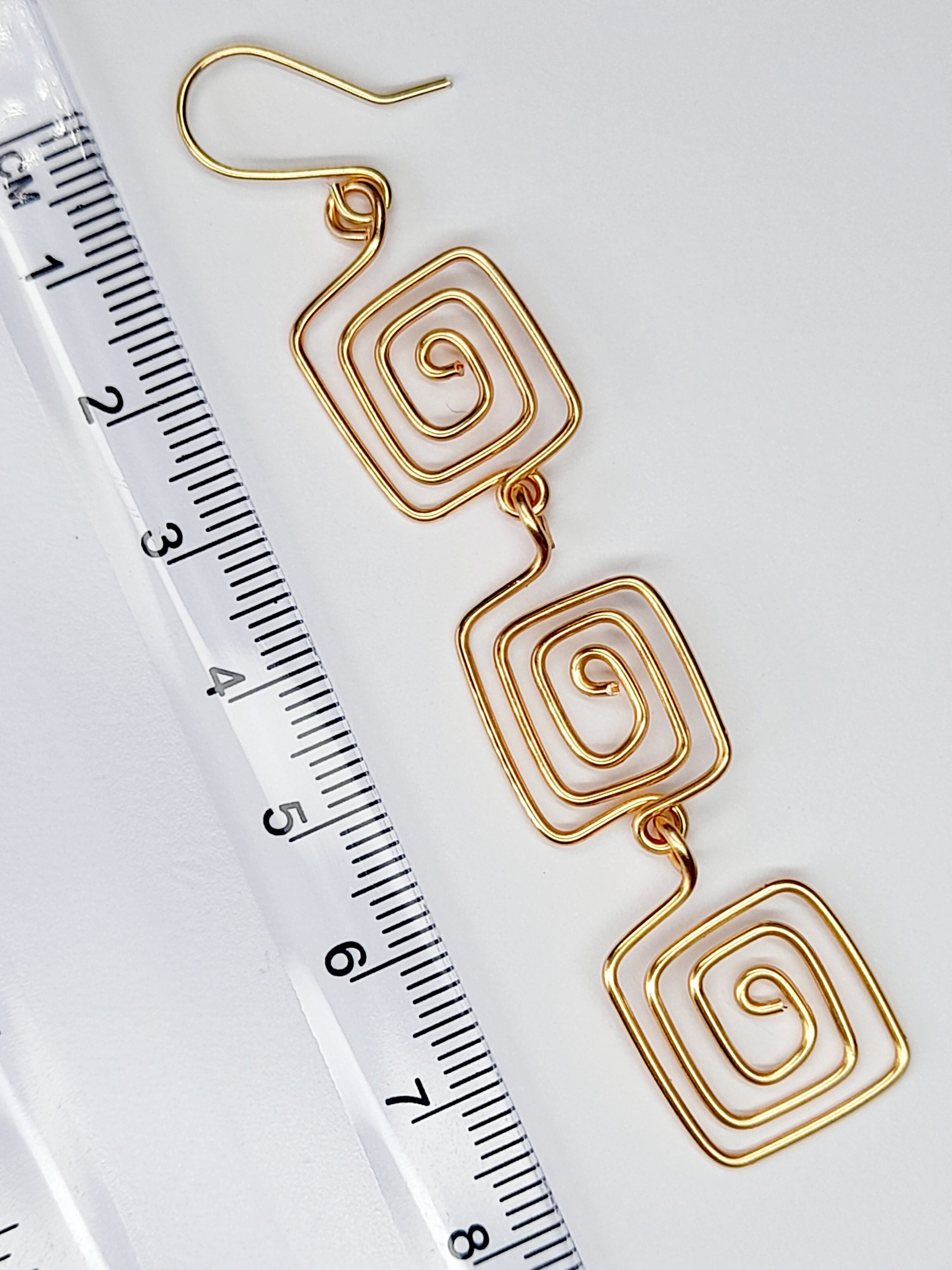 Handmade Gold‑Plated Square Spiral Earrings, Large Geometric Statement Dangle Jewellery