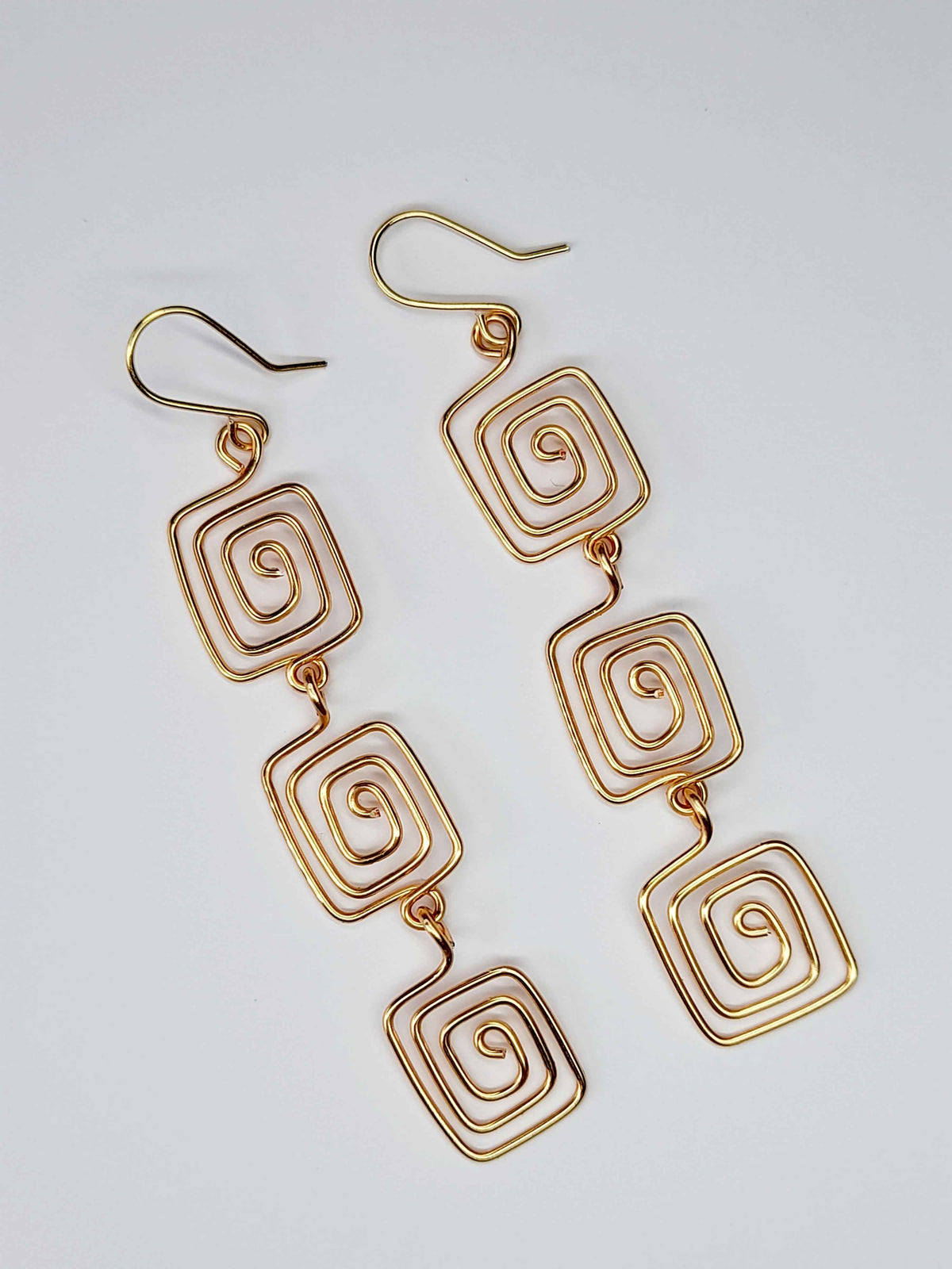 Handmade Gold‑Plated Square Spiral Earrings, Large Geometric Statement Dangle Jewellery