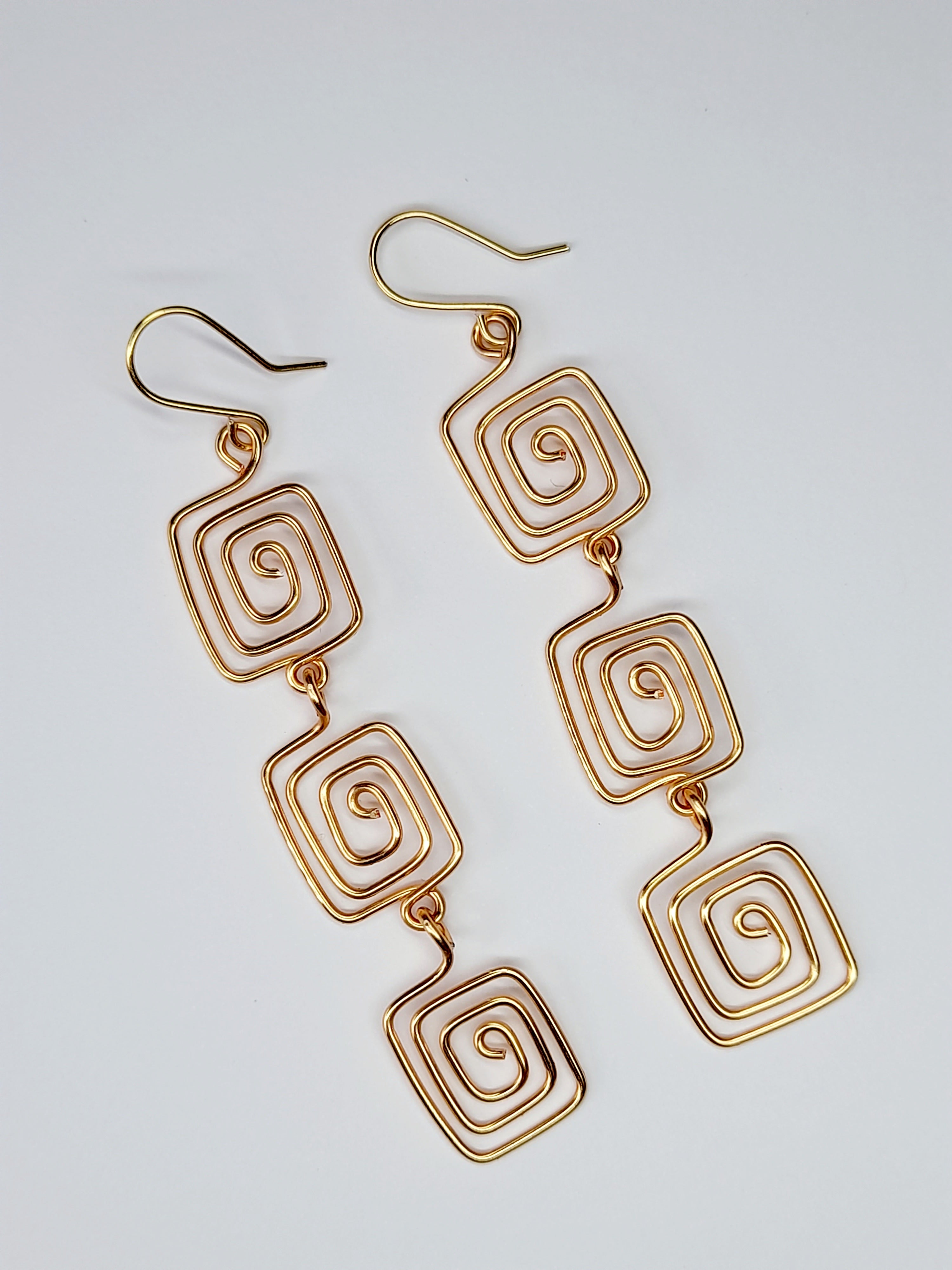 Handmade Gold‑Plated Square Spiral Earrings, Large Geometric Statement Dangle Jewellery