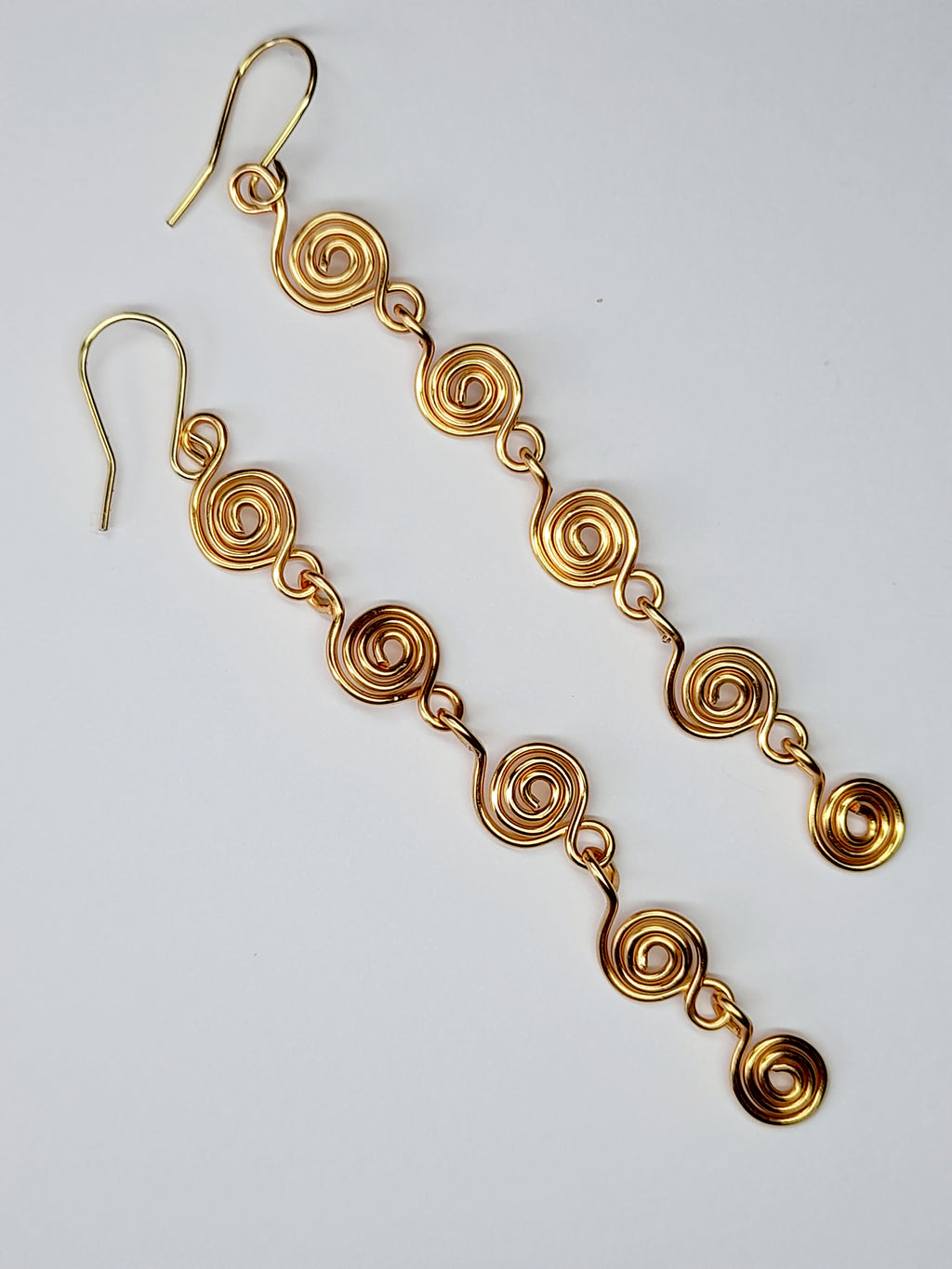 Handmade Gold‑Plated Long Spiral Earrings, Lightweight Five‑Spiral Geometric Dangle Jewellery