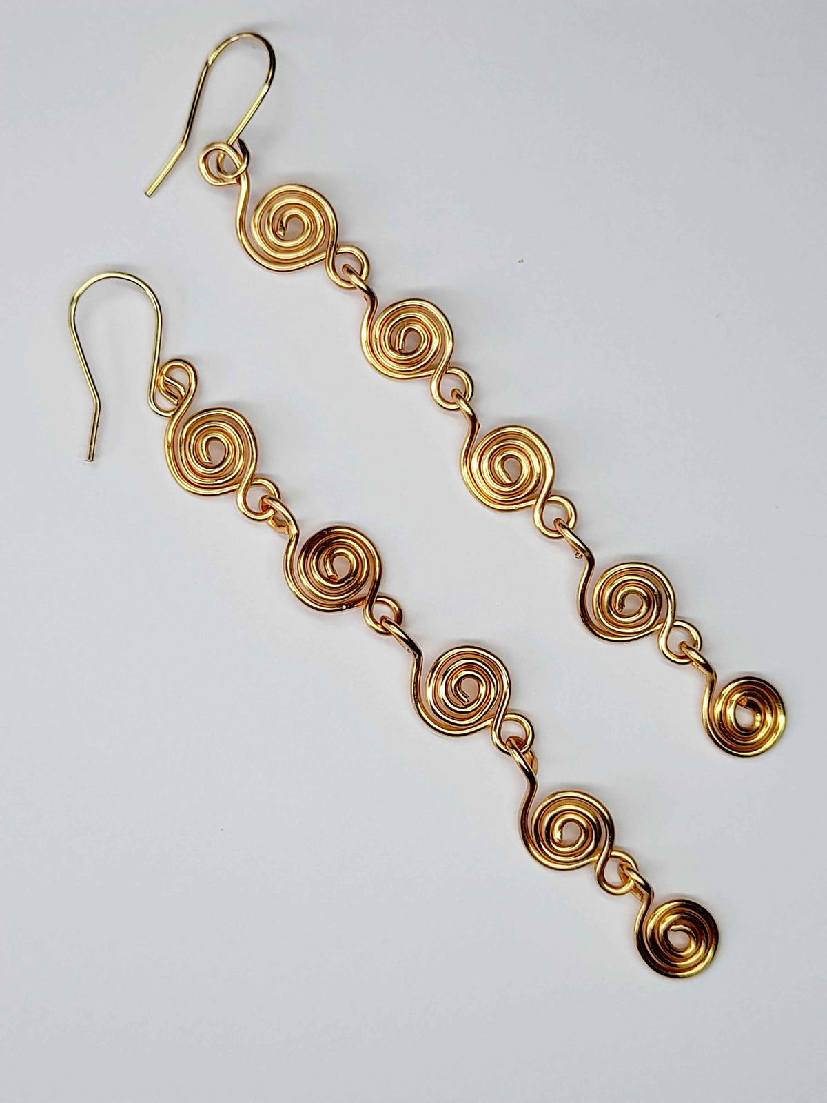 Handmade Gold‑Plated Long Spiral Earrings, Lightweight Five‑Spiral Geometric Dangle Jewellery