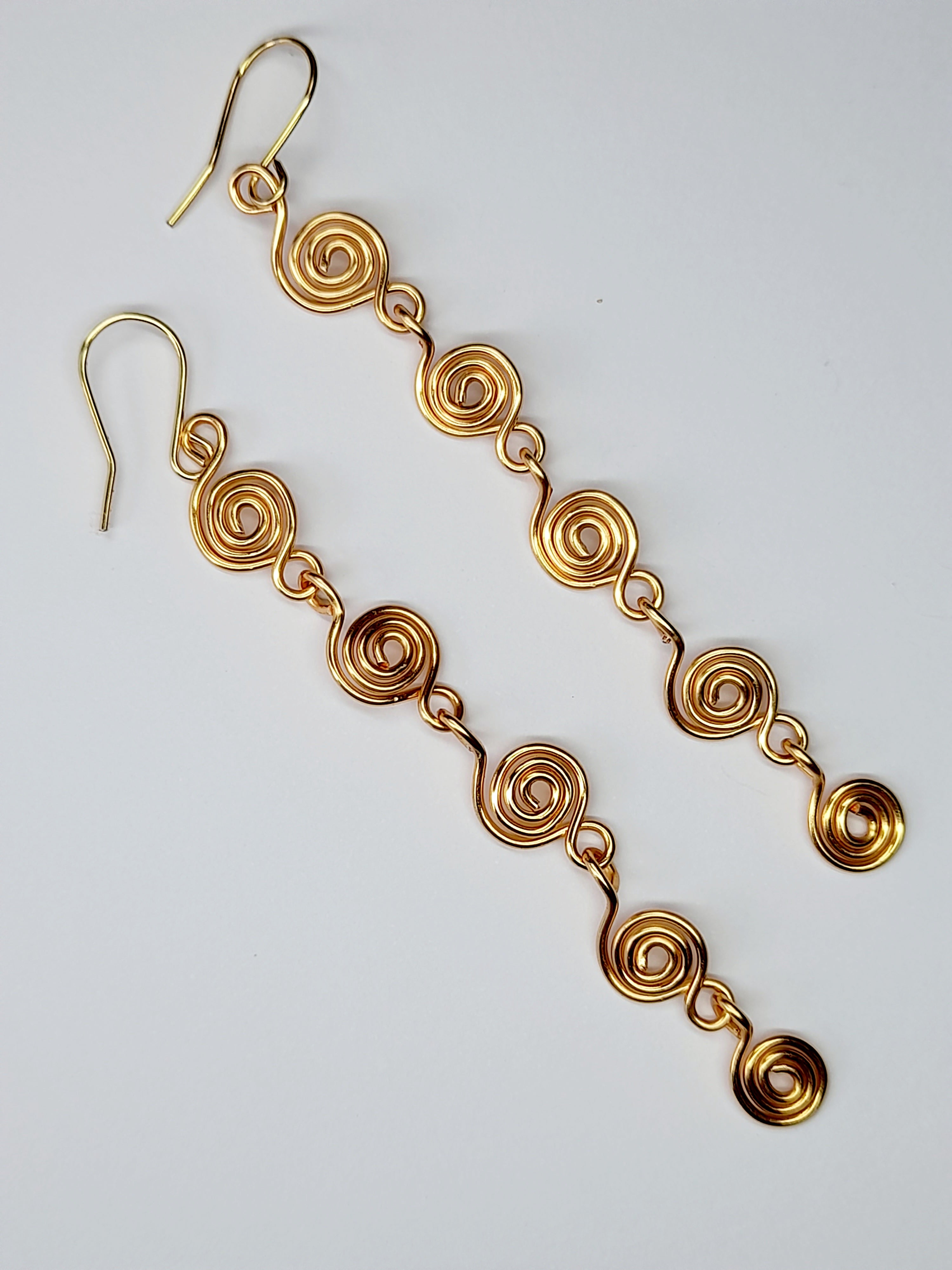 Handmade Gold‑Plated Long Spiral Earrings, Lightweight Five‑Spiral Geometric Dangle Jewellery