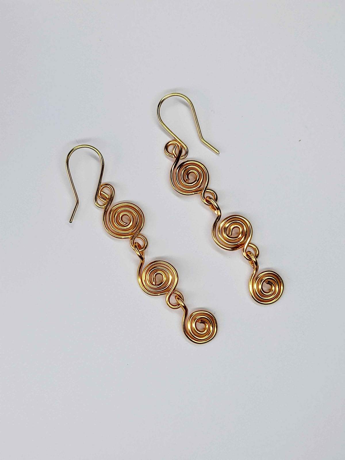 Handmade Gold‑Plated Spiral Drop Earrings, Lightweight Statement Dangle Jewellery
