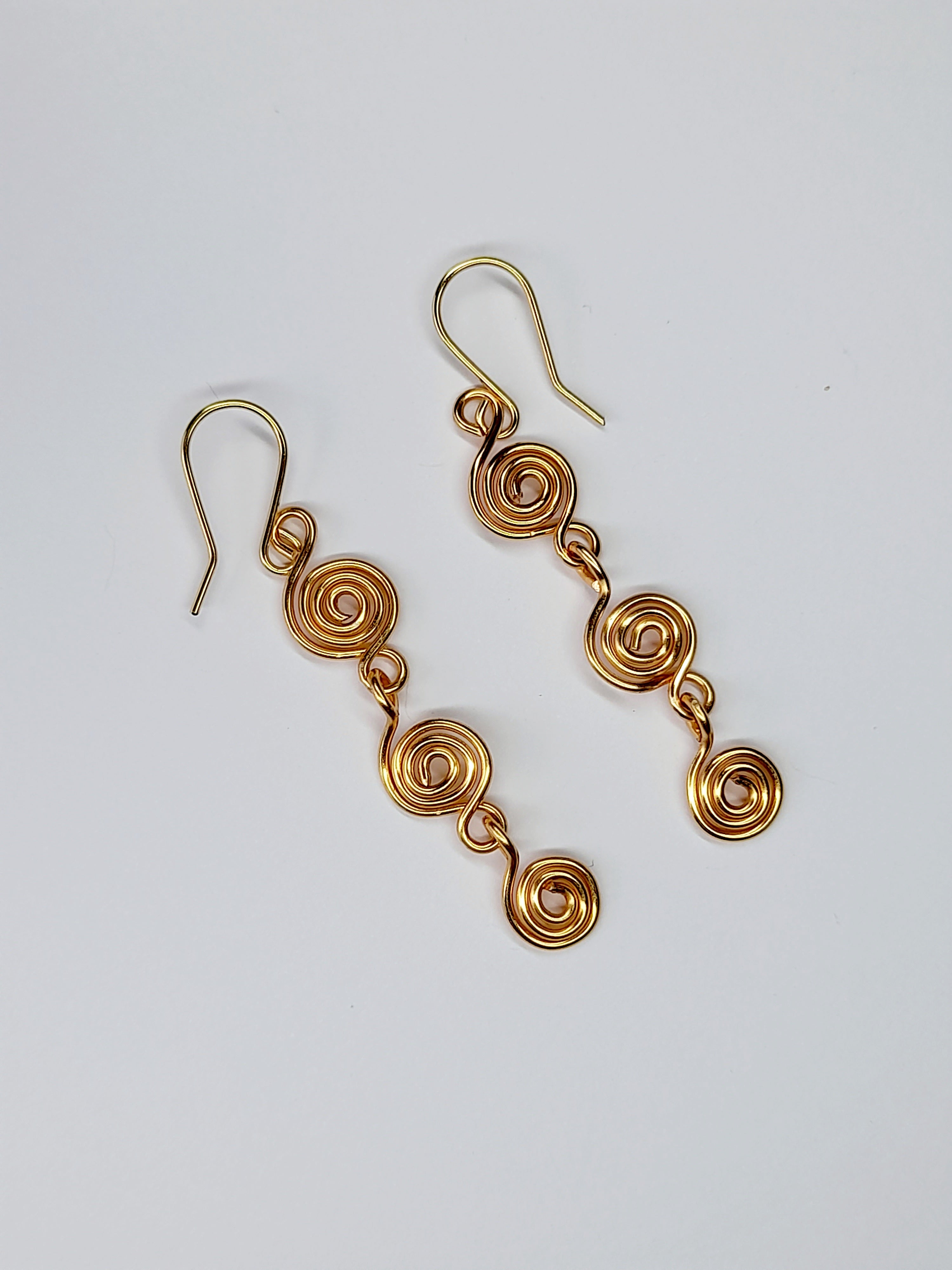 Handmade Gold‑Plated Spiral Drop Earrings, Lightweight Statement Dangle Jewellery
