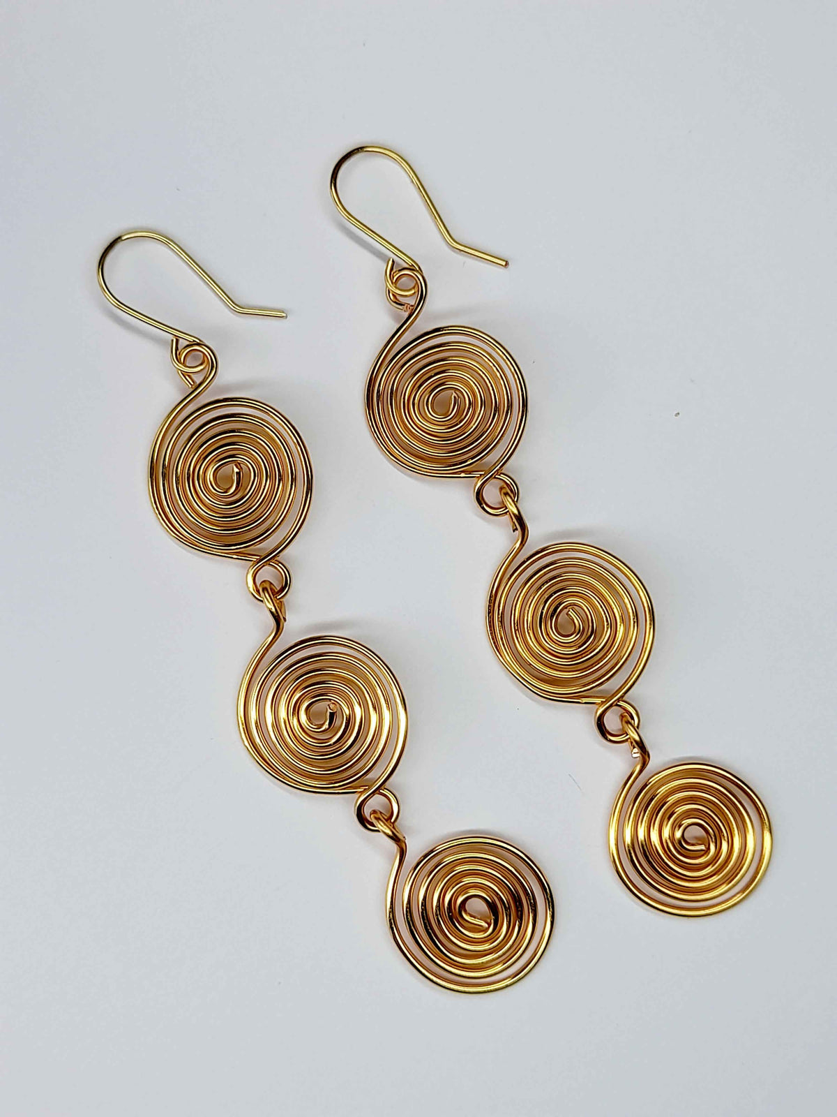 Handmade Gold‑Plated Spiral  Earrings, Lightweight Statement Dangle Jewellery
