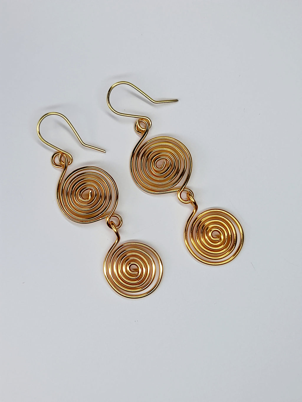 Handmade Gold‑Plated Spiral Earrings, Lightweight Geometric Two‑Spiral Dangle Jewellery
