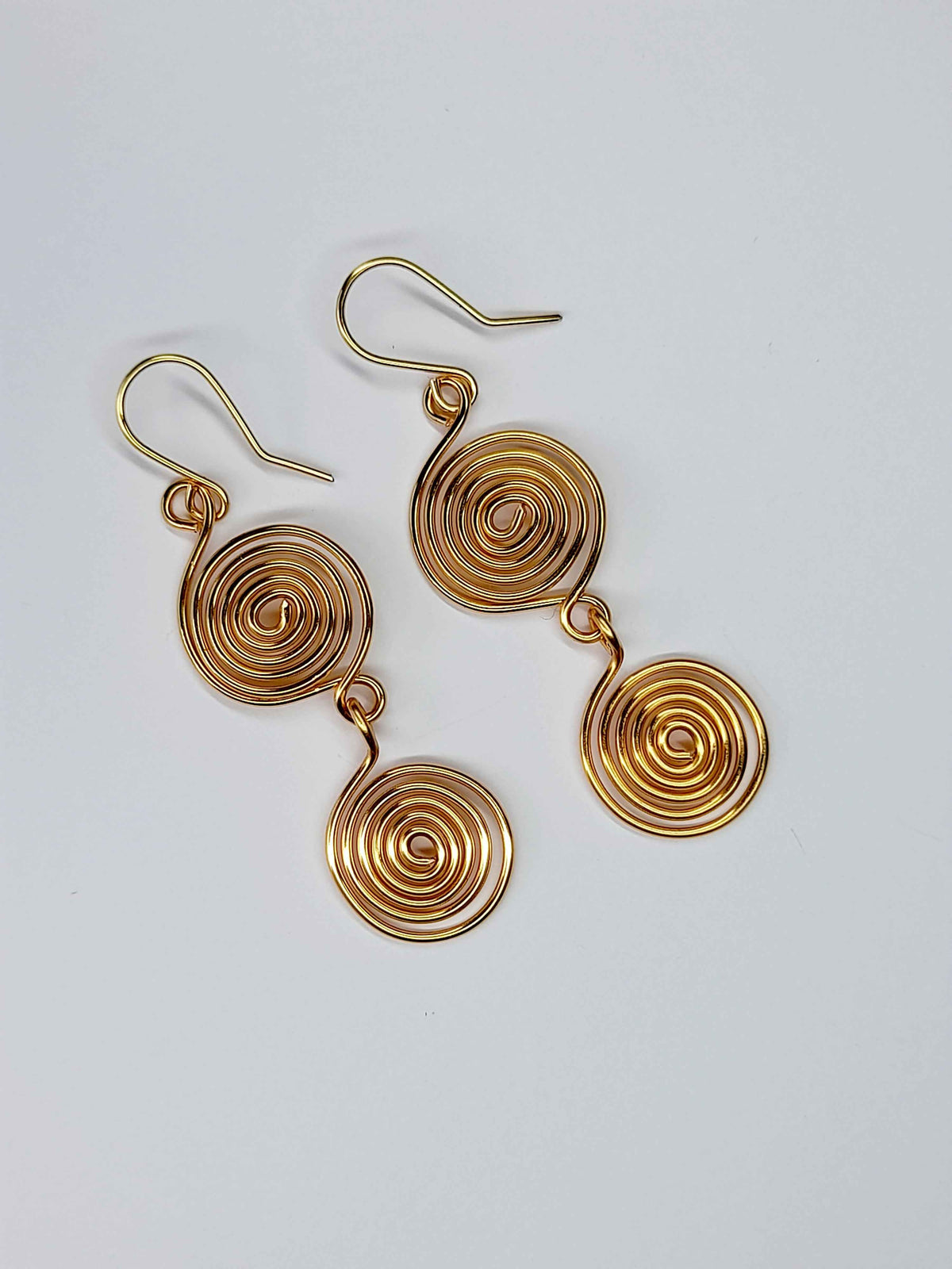 Handmade Gold‑Plated Spiral Earrings, Lightweight Geometric Two‑Spiral Dangle Jewellery