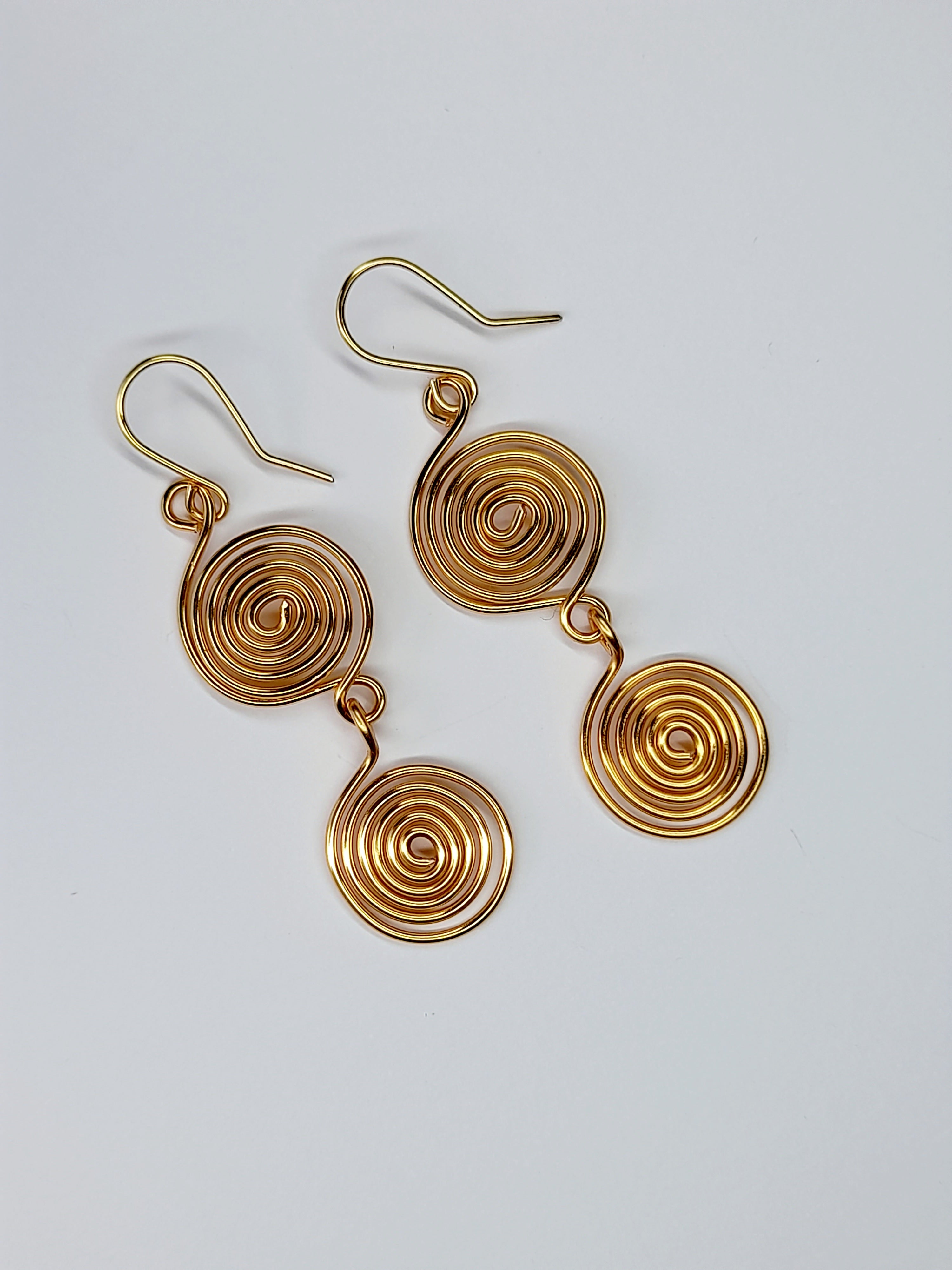 Handmade Gold‑Plated Spiral Earrings, Lightweight Geometric Two‑Spiral Dangle Jewellery