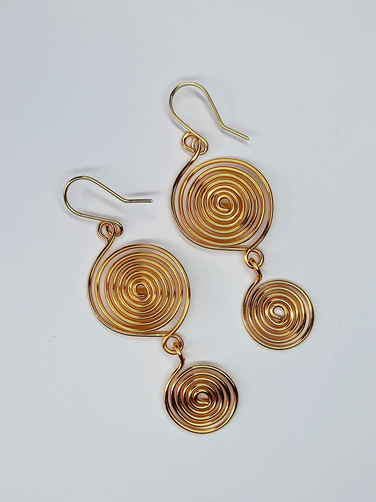Handmade Gold‑Plated Spiral Earrings, Geometric Double‑Spiral Drop Jewellery