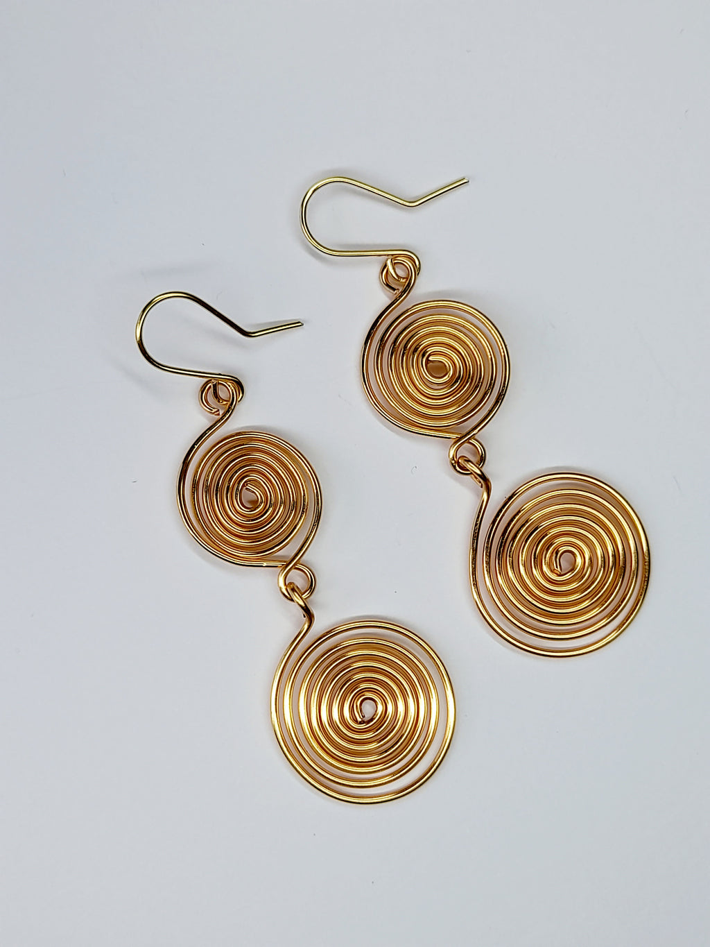 Handmade Gold‑Plated Spiral Earrings, Geometric Double Spiral Drop Jewellery