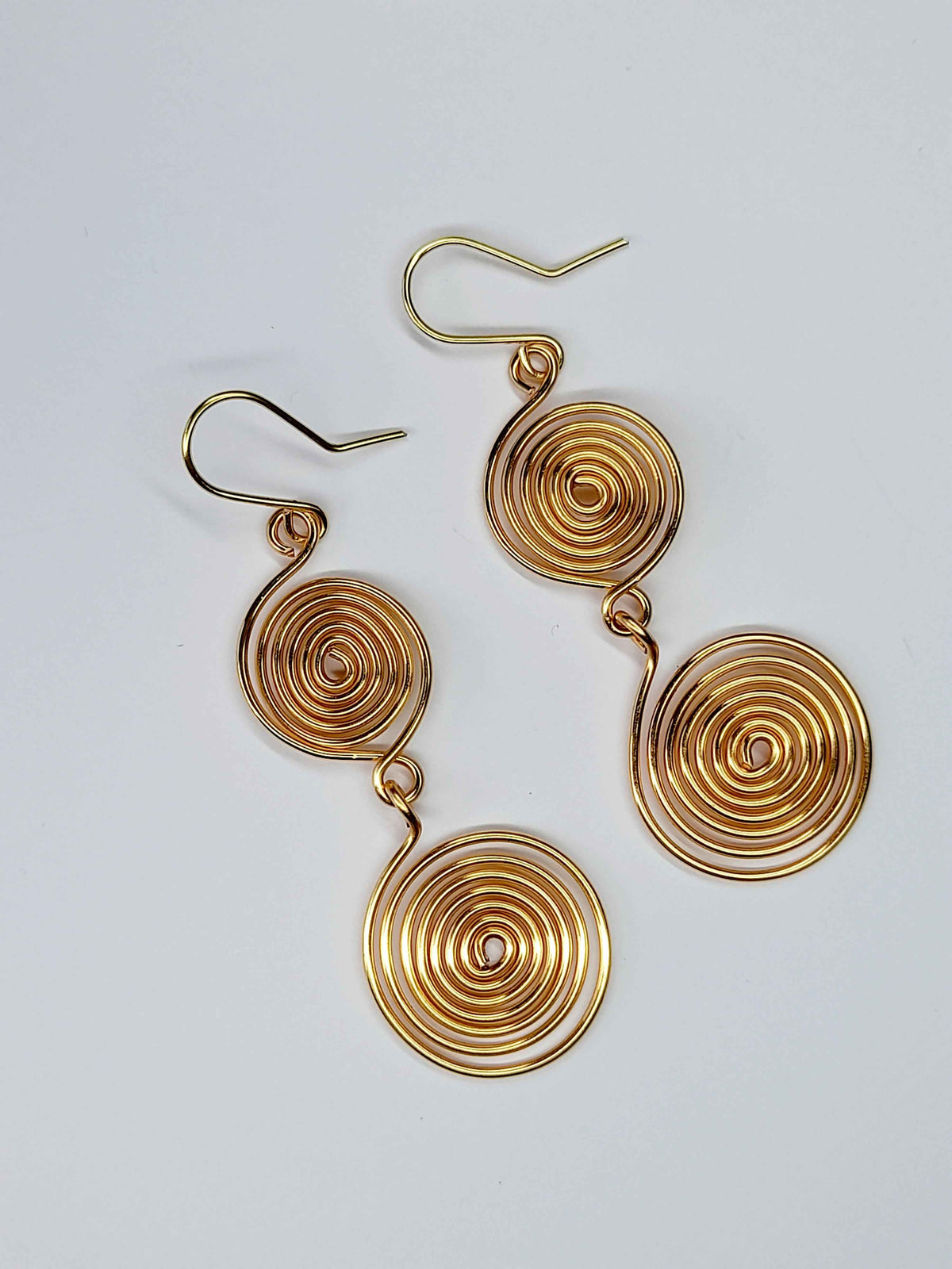 Handmade Gold‑Plated Spiral Earrings, Geometric Double Spiral Drop Jewellery