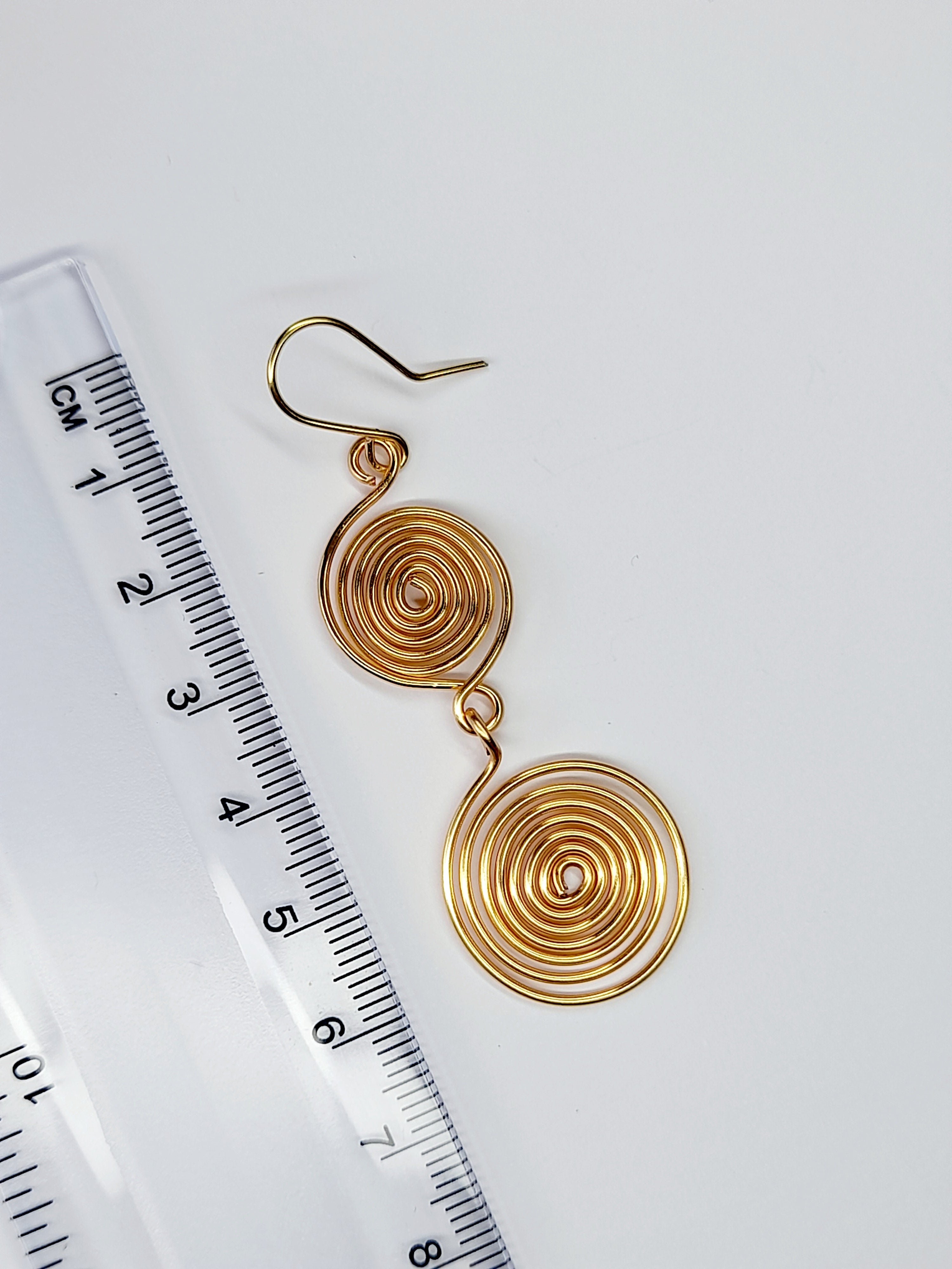 Handmade Gold‑Plated Spiral Earrings, Geometric Double Spiral Drop Jewellery