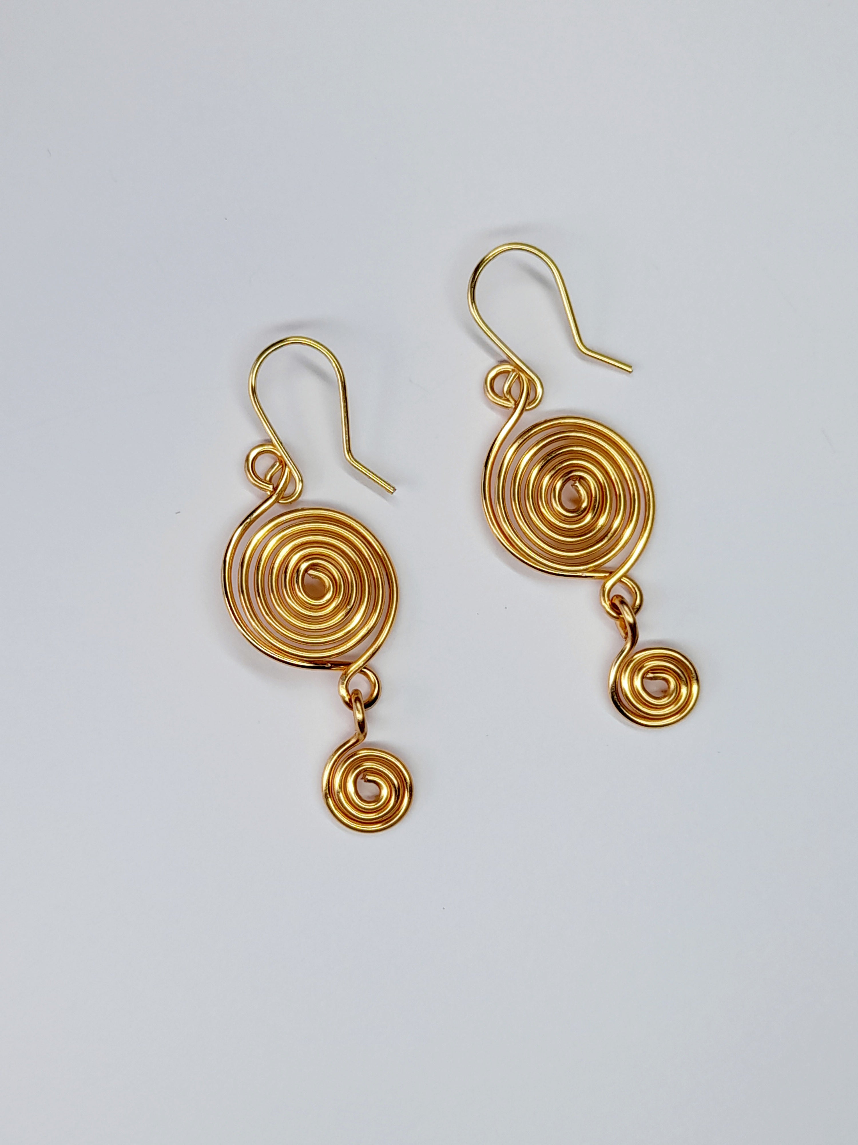 Handmade Gold‑Plated  Spiral Earrings, Geometric Double Spiral Dangle Jewellery