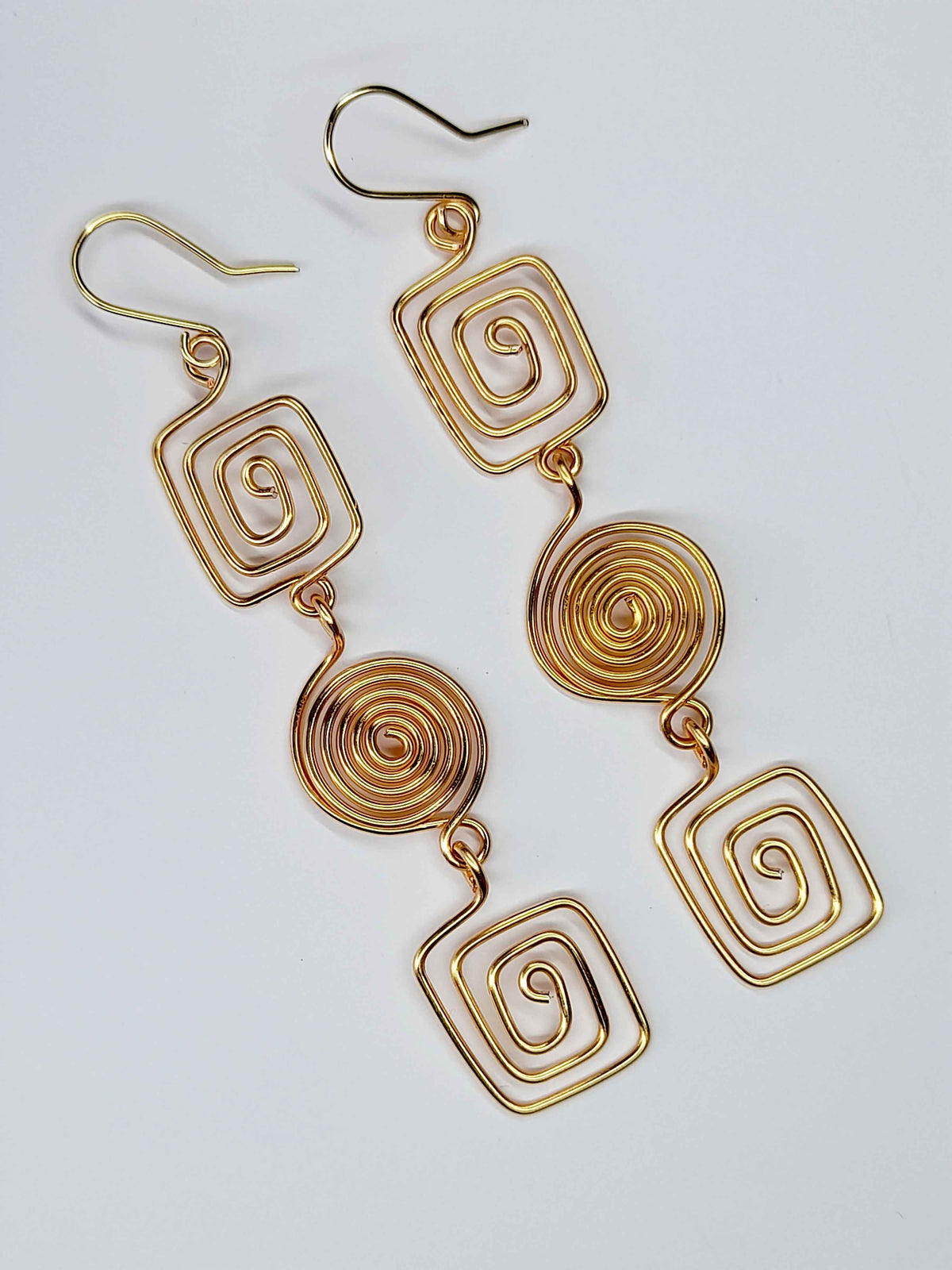 Long Geometric Spiral Gold Drop Earrings, Handmade Gold‑Plated Statement Jewellery