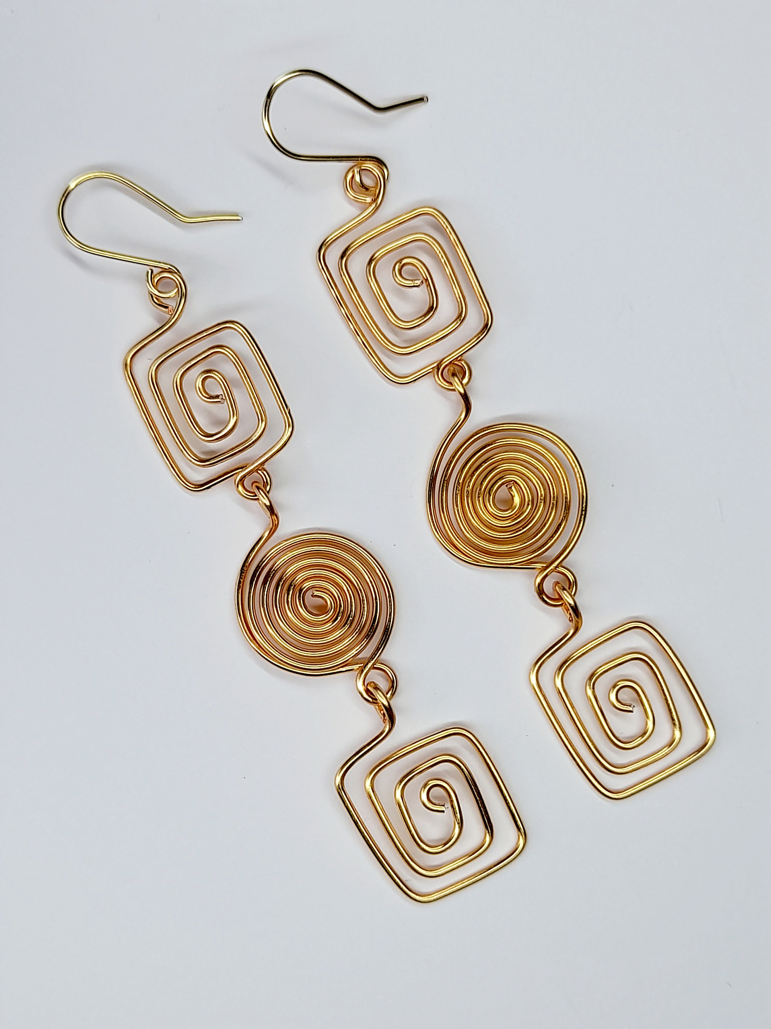 Long Geometric Spiral Gold Drop Earrings, Handmade Gold‑Plated Statement Jewellery