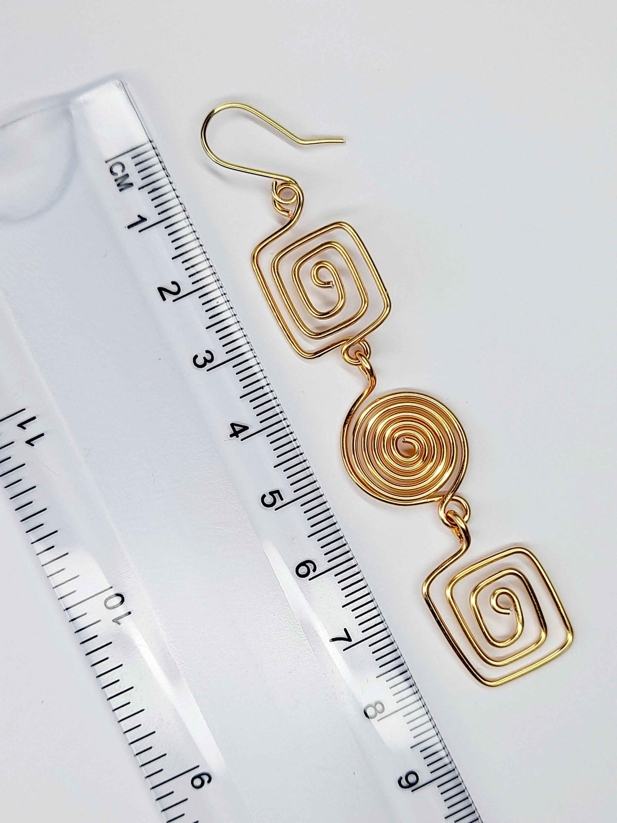 Long Geometric Spiral Gold Drop Earrings, Handmade Gold‑Plated Statement Jewellery