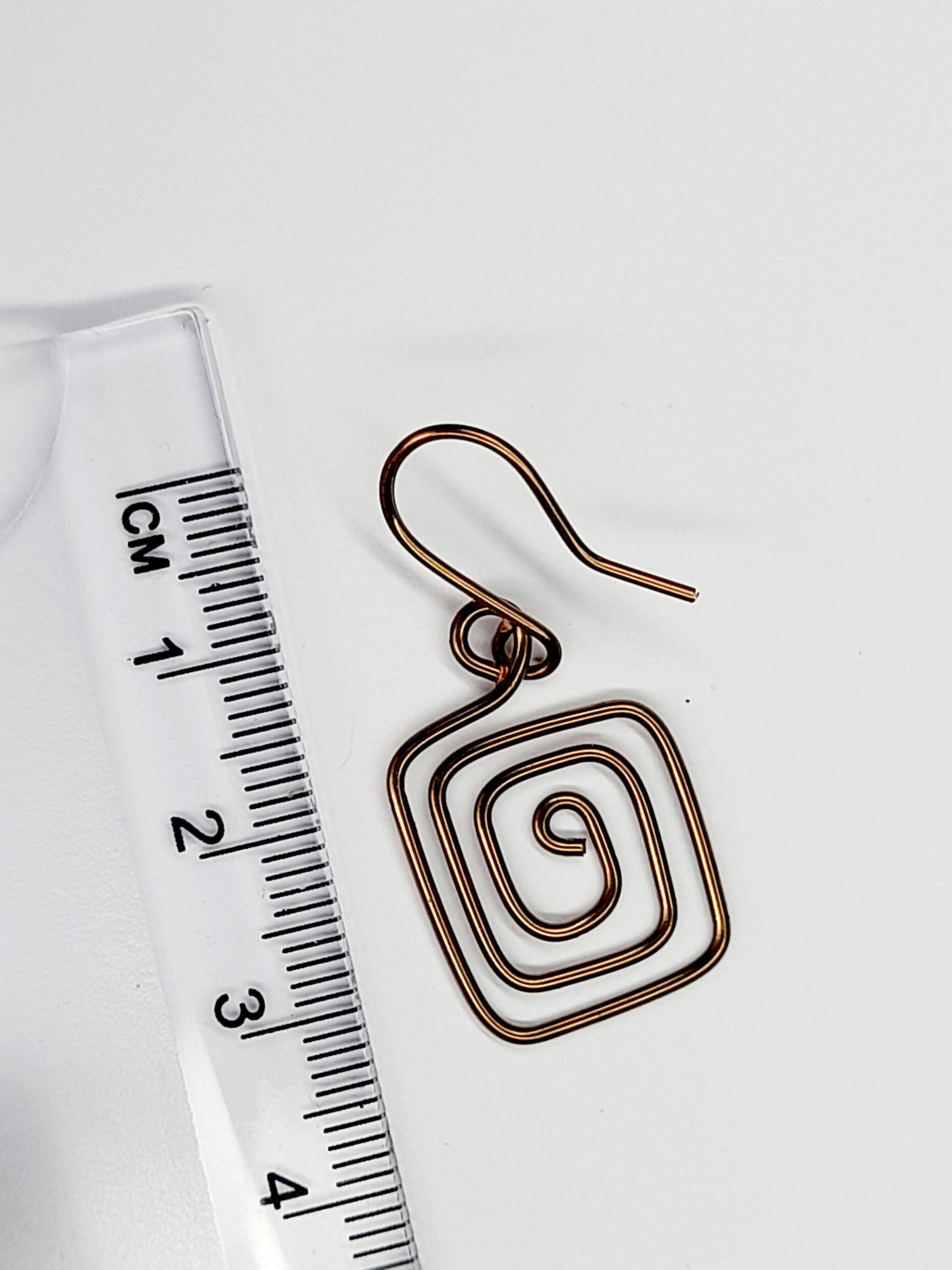 Handmade Bronze Spiral Square Earrings, Dainty Lightweight Geometric Drops