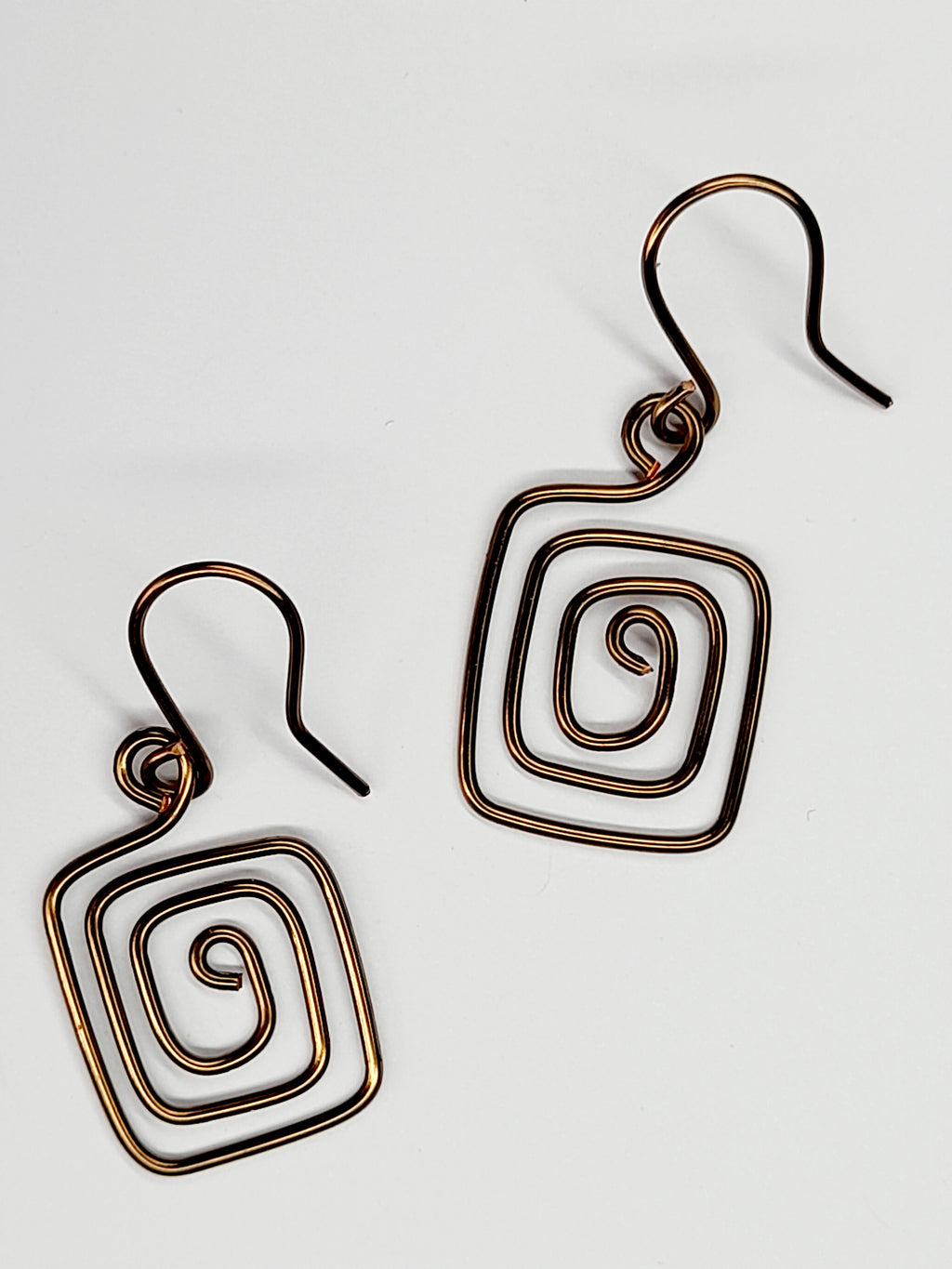 Handmade Bronze Spiral Square Earrings, Dainty Lightweight Geometric Drops