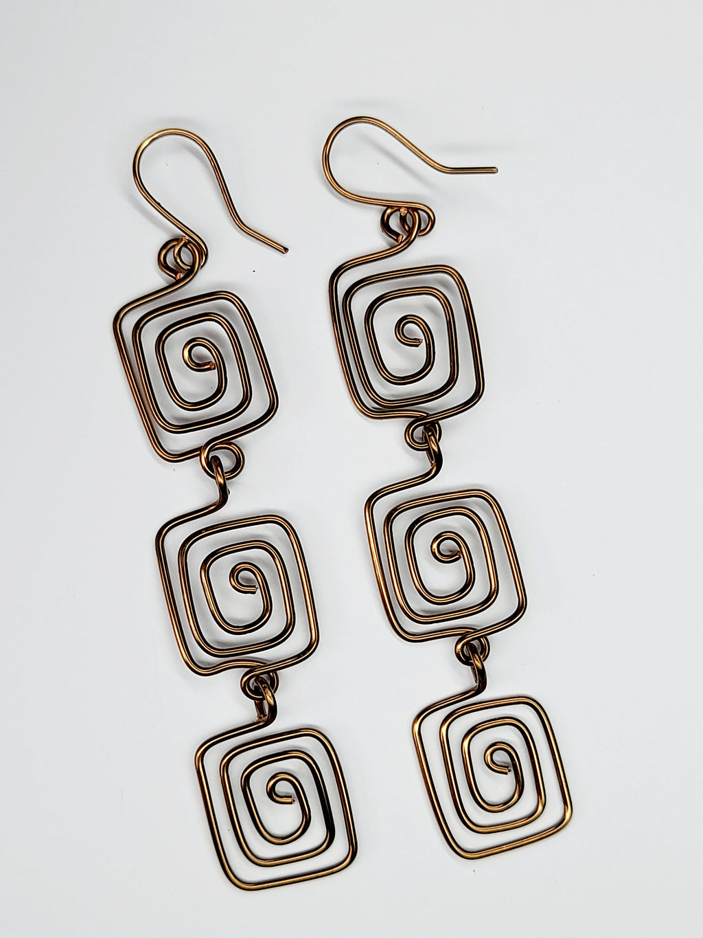 Handmade Bronze‑Plated Square Spiral Earrings, Large Geometric Statement Dangle Jewellery