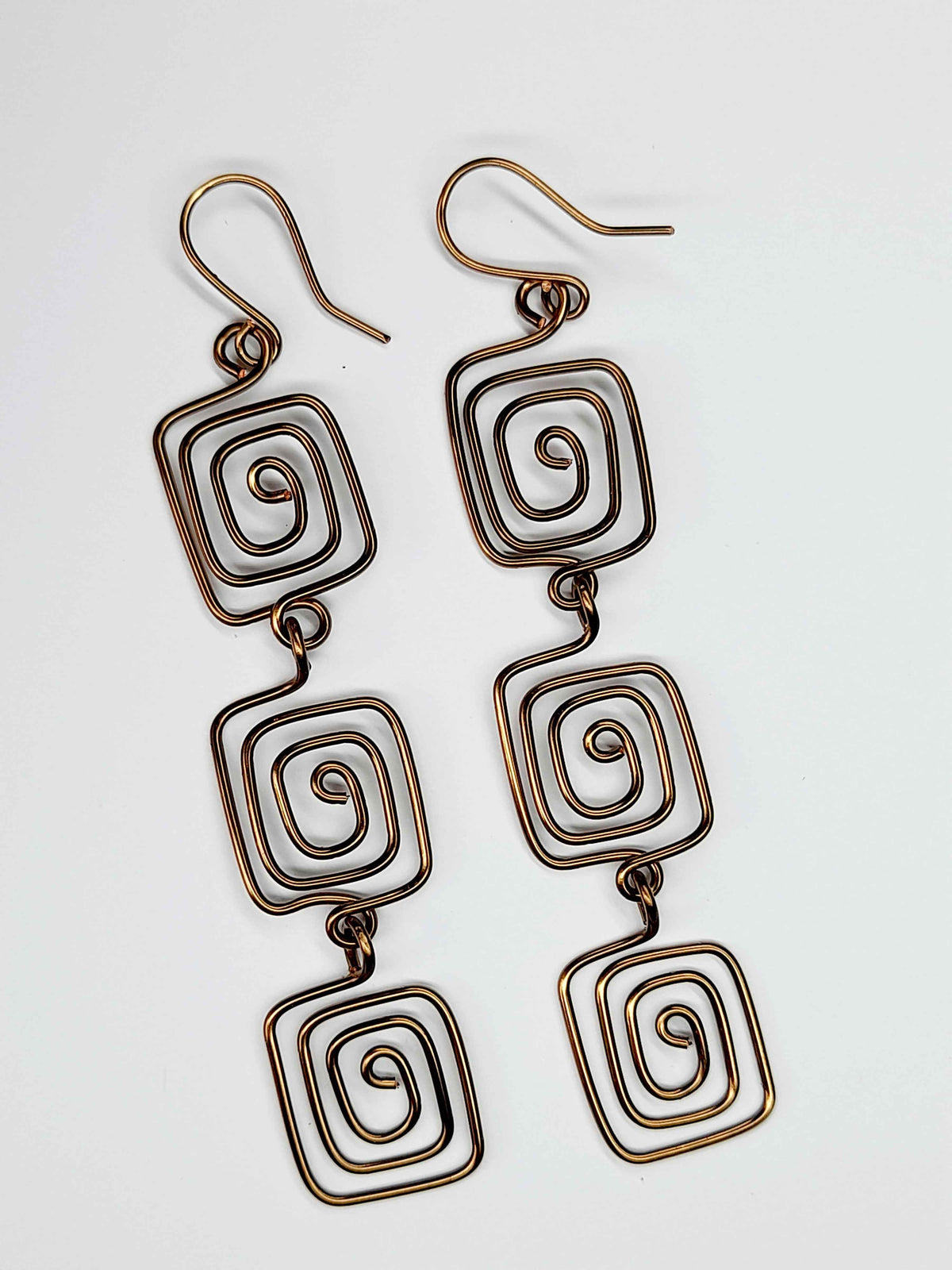 Handmade Bronze‑Plated Square Spiral Earrings, Large Geometric Statement Dangle Jewellery