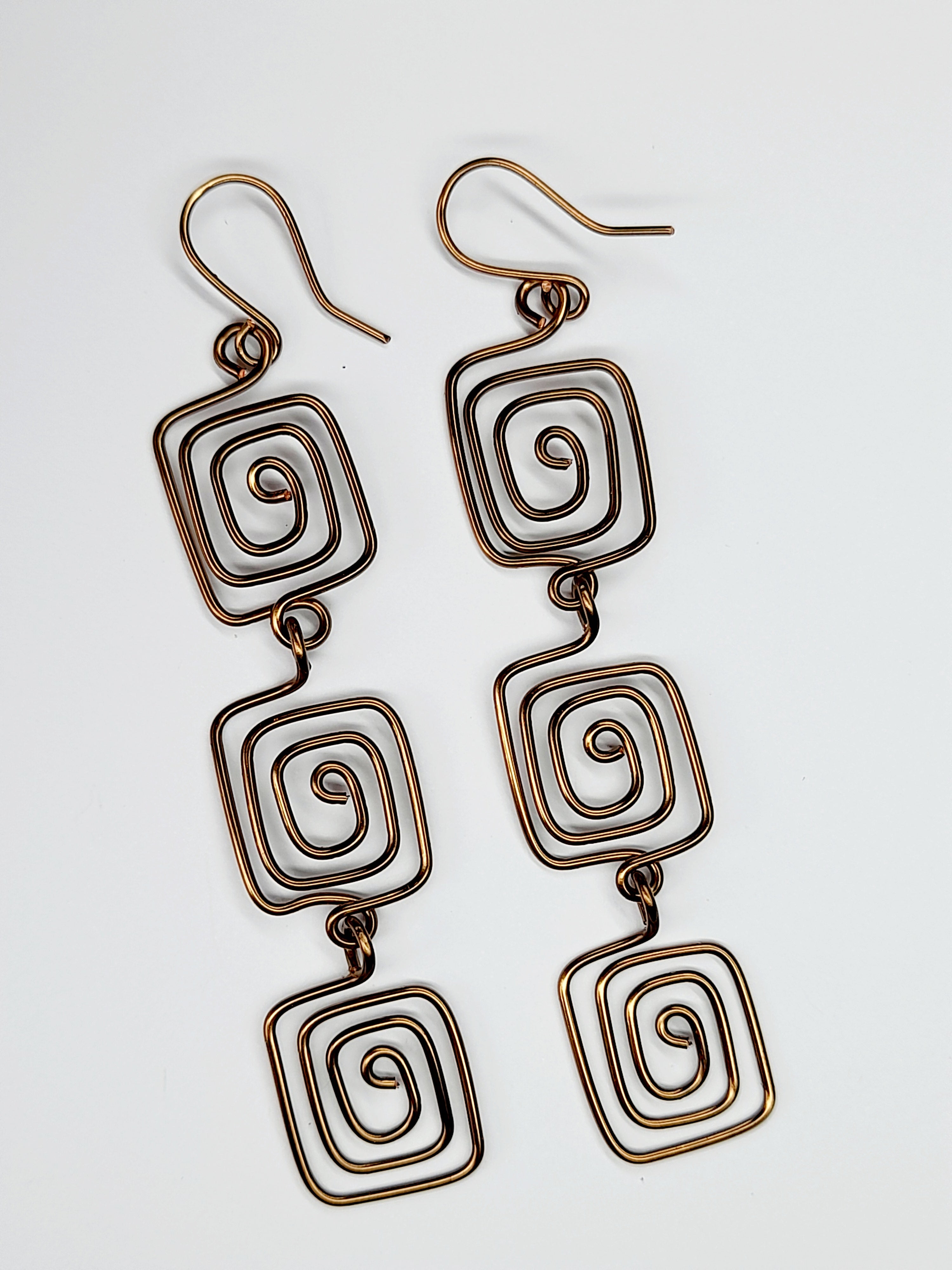 Handmade Bronze‑Plated Square Spiral Earrings, Large Geometric Statement Dangle Jewellery