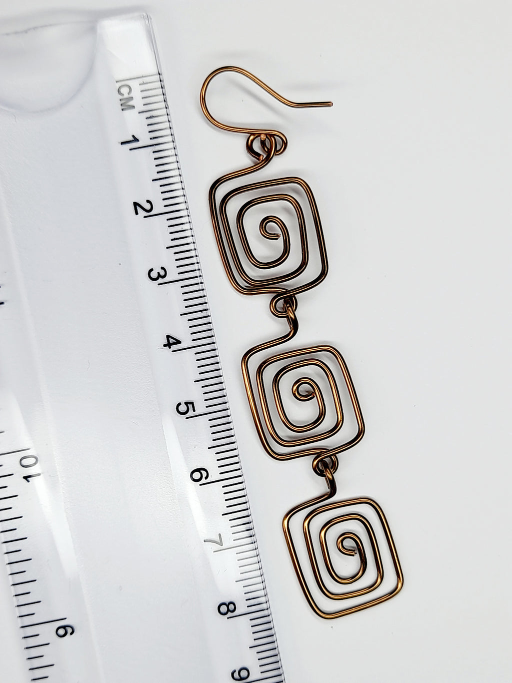 Handmade Bronze‑Plated Square Spiral Earrings, Large Geometric Statement Dangle Jewellery
