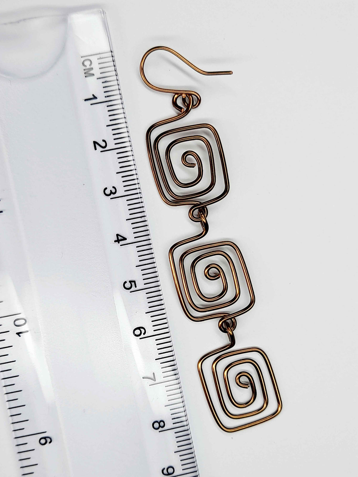 Handmade Bronze‑Plated Square Spiral Earrings, Large Geometric Statement Dangle Jewellery