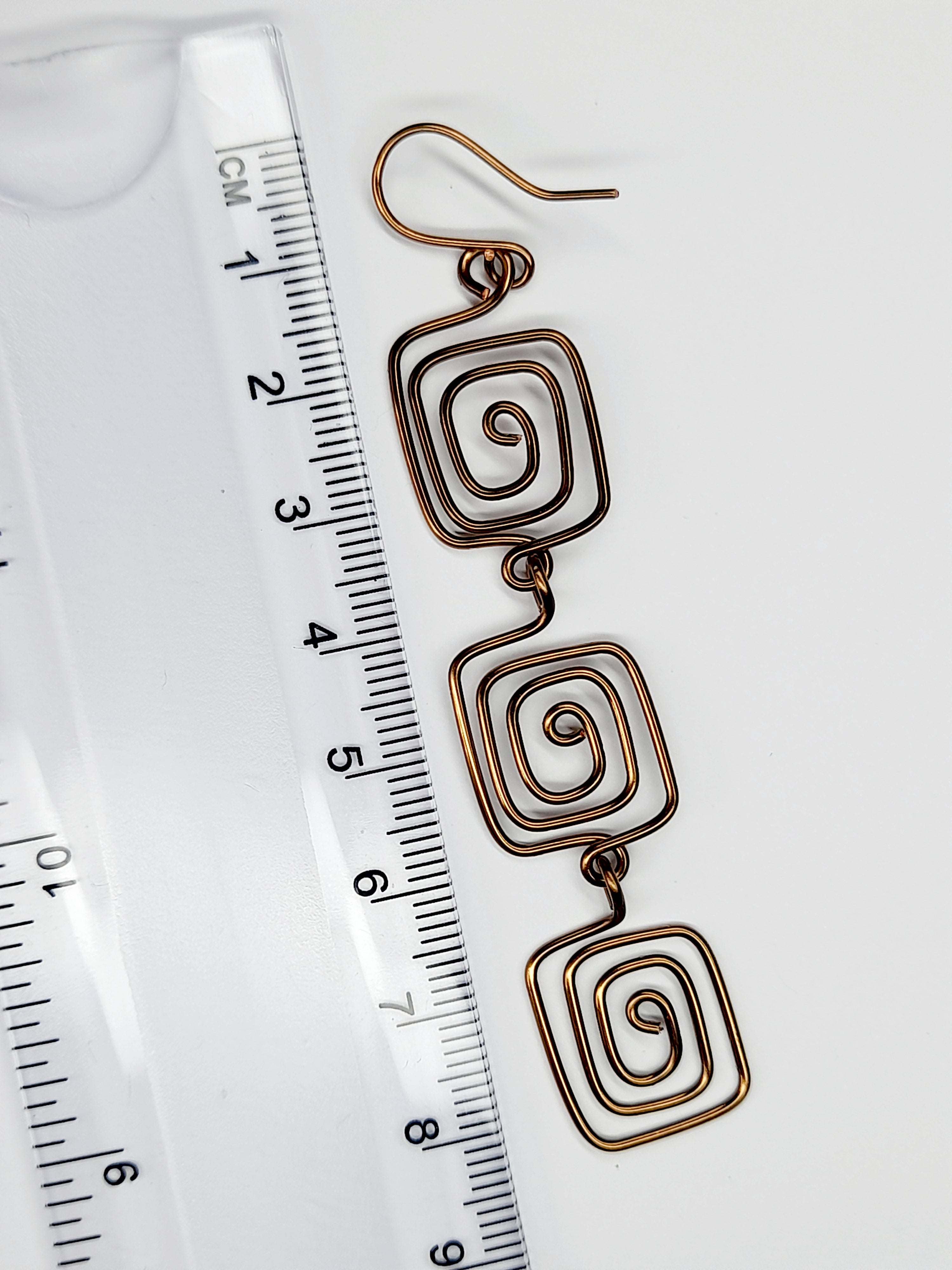 Handmade Bronze‑Plated Square Spiral Earrings, Large Geometric Statement Dangle Jewellery