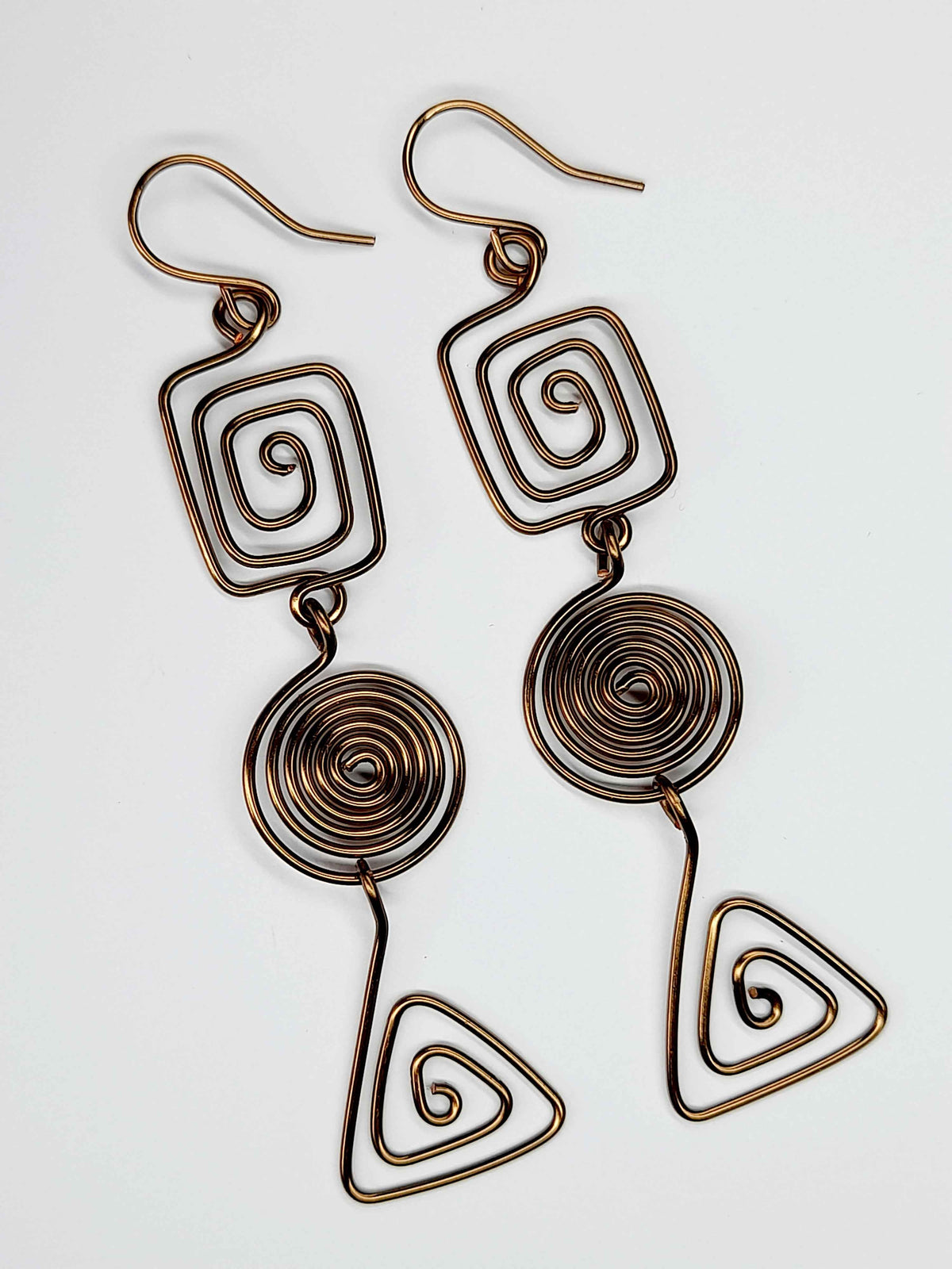 Geometric Bronze Spiral Earrings, Handmade Lightweight Statement Dangles