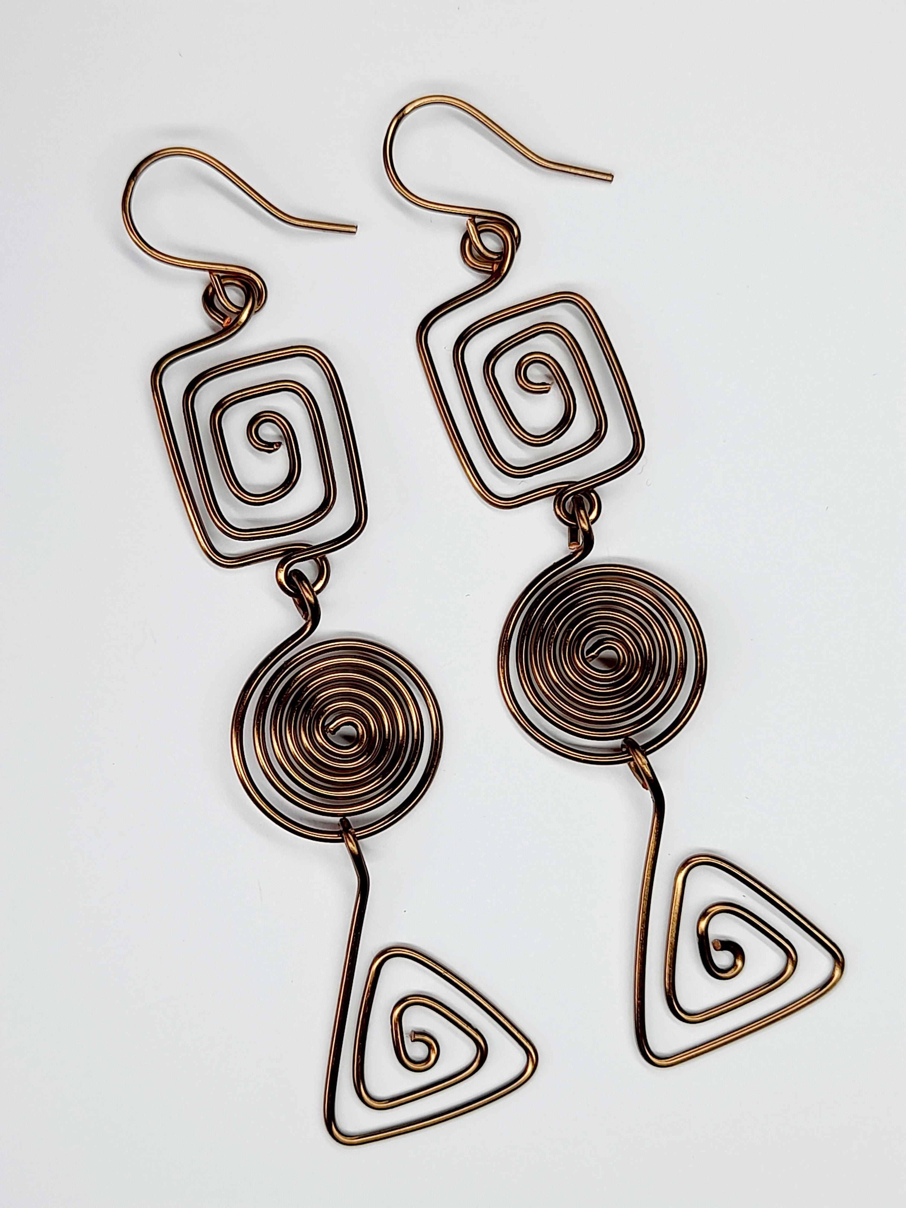 Geometric Bronze Spiral Earrings, Handmade Lightweight Statement Dangles