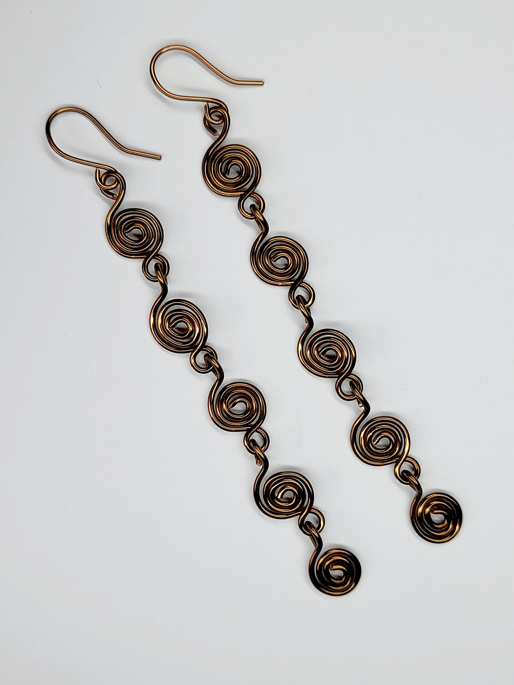 Handmade Bronze‑Plated Long Spiral Earrings, Lightweight Five‑Spiral Geometric Dangle Jewellery
