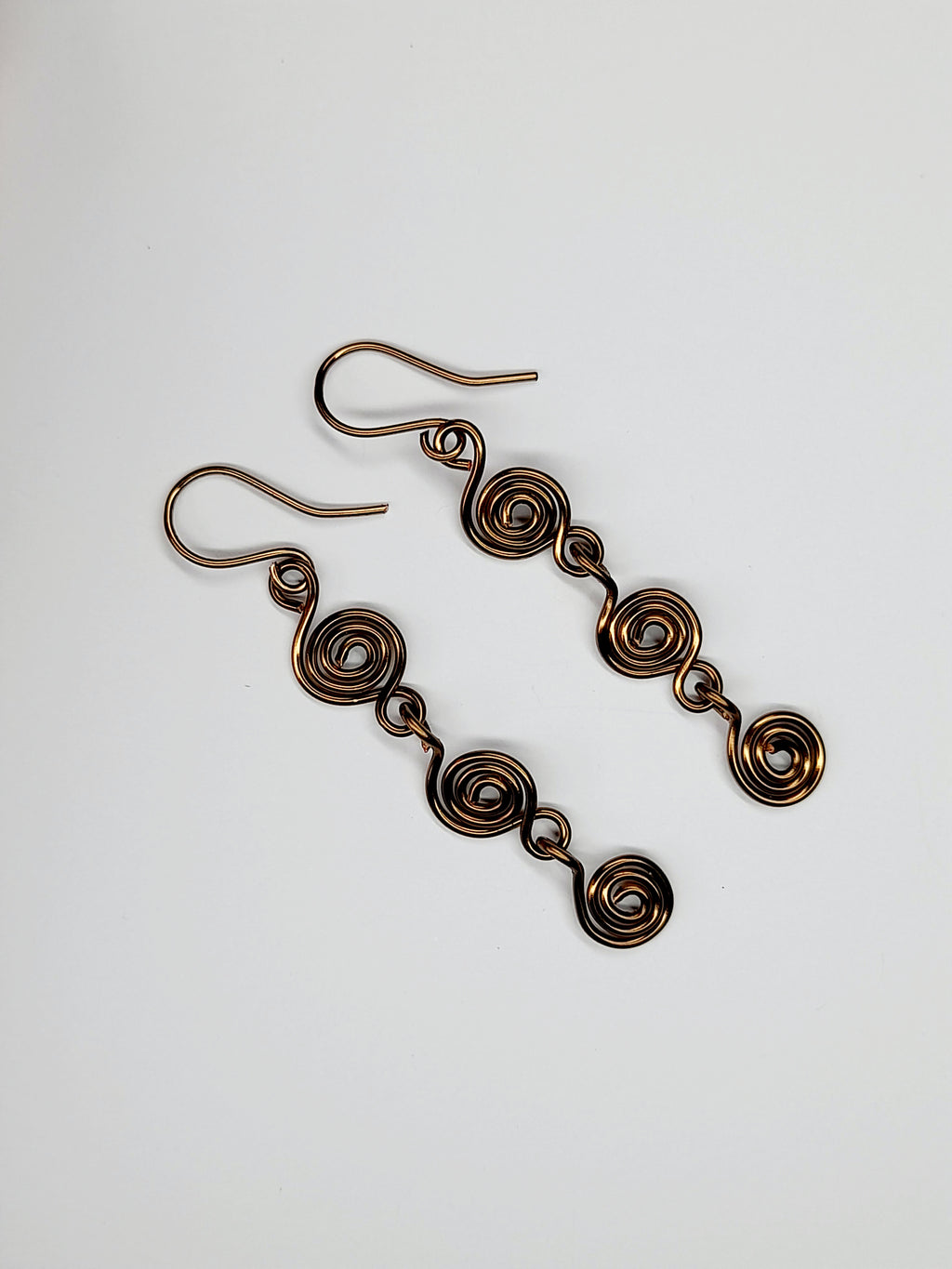 Handmade Bronze‑Plated Spiral Drop Earrings, Lightweight Statement Dangle Jewellery
