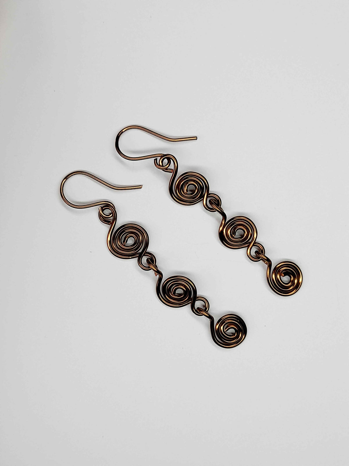 Handmade Bronze‑Plated Spiral Drop Earrings, Lightweight Statement Dangle Jewellery