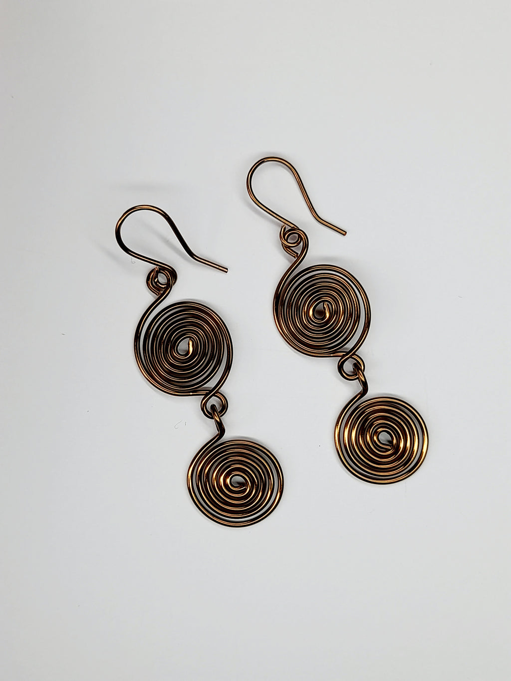 Handmade Bronze‑Plated Spiral Earrings, Lightweight Geometric Two‑Spiral Dangle Jewellery